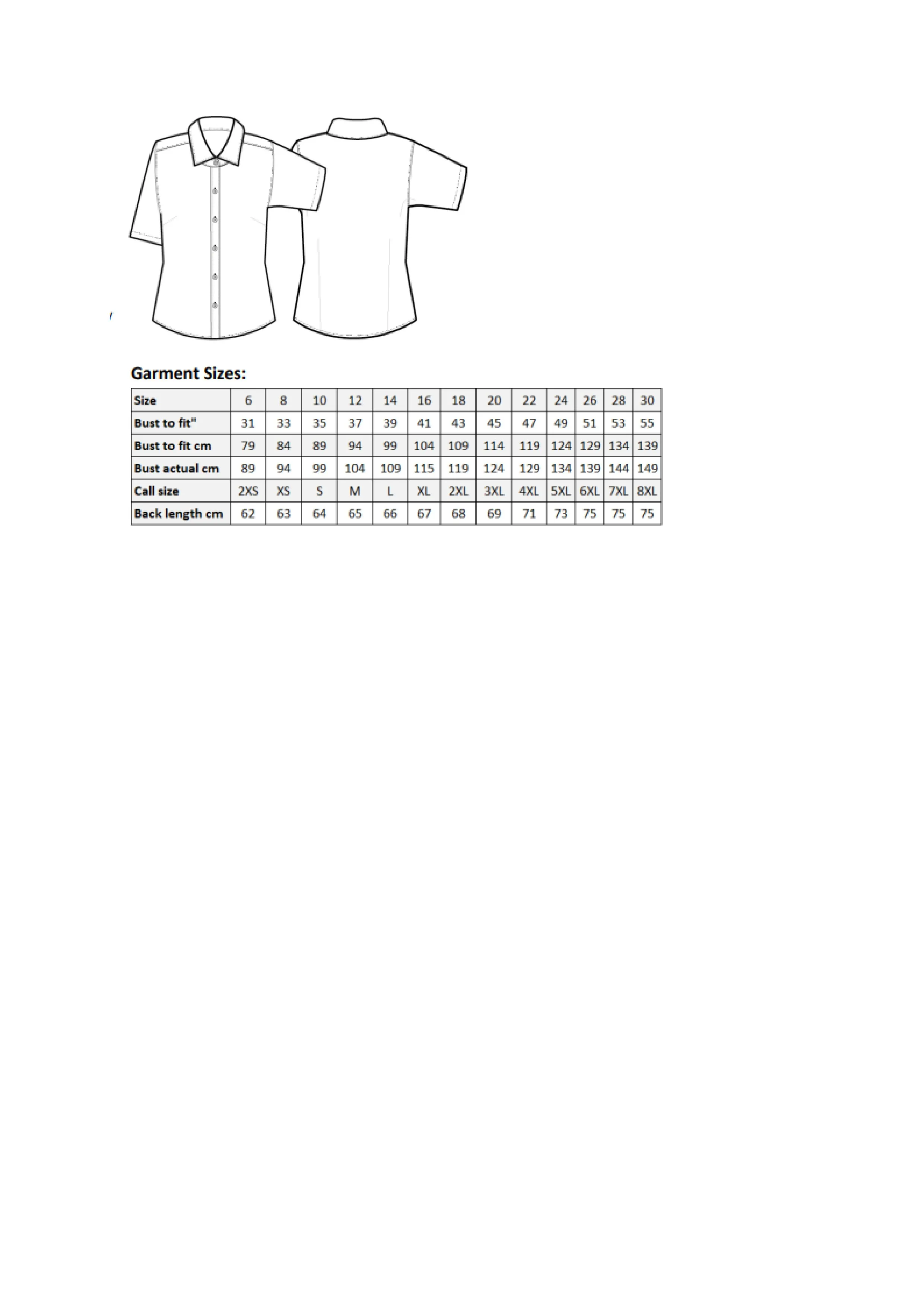Größentabelle für Women´s Poplin Short Sleeve Blouse – PW302
