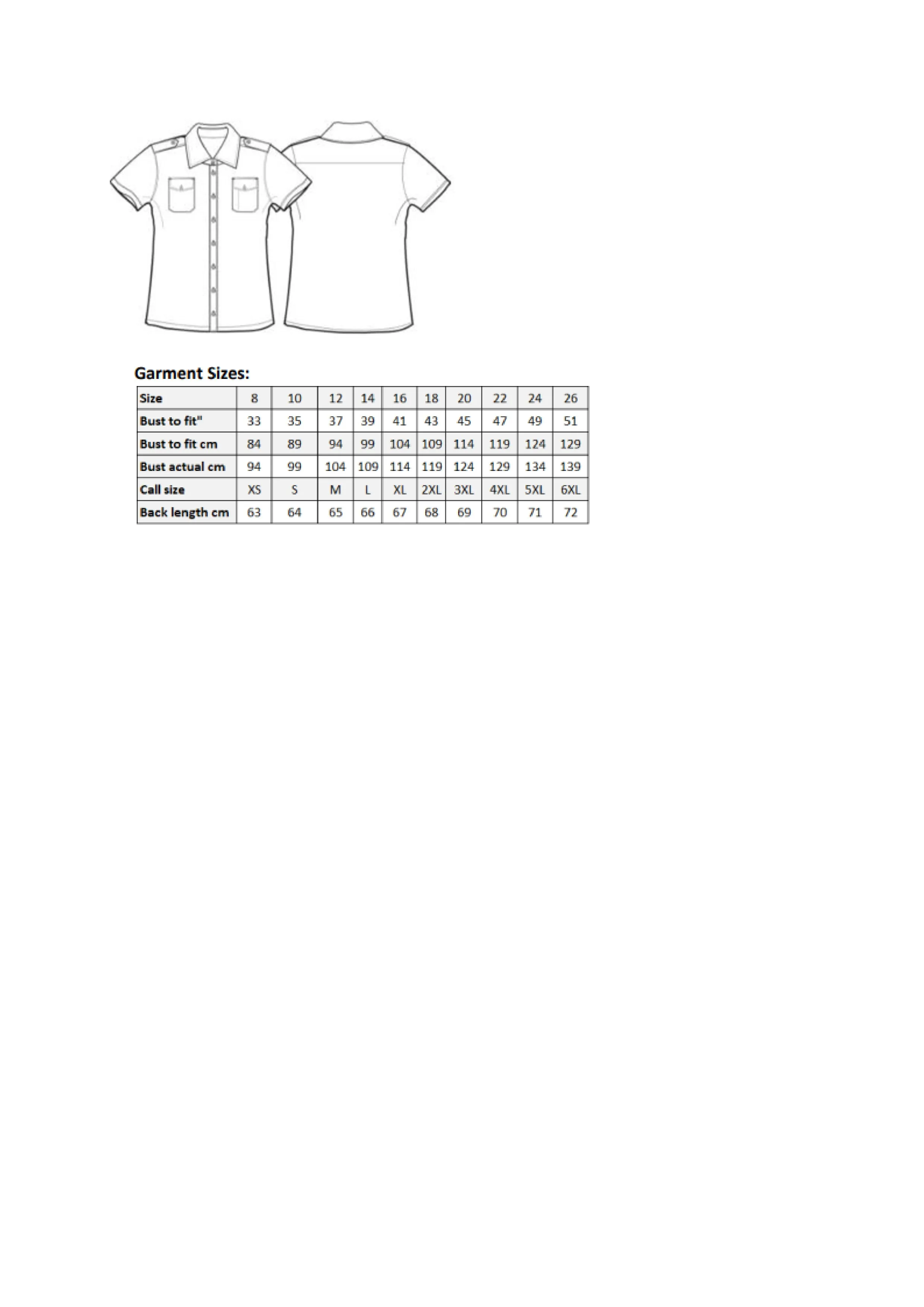 Größentabelle für Women´s Pilot Shirt Short Sleeve – PW312