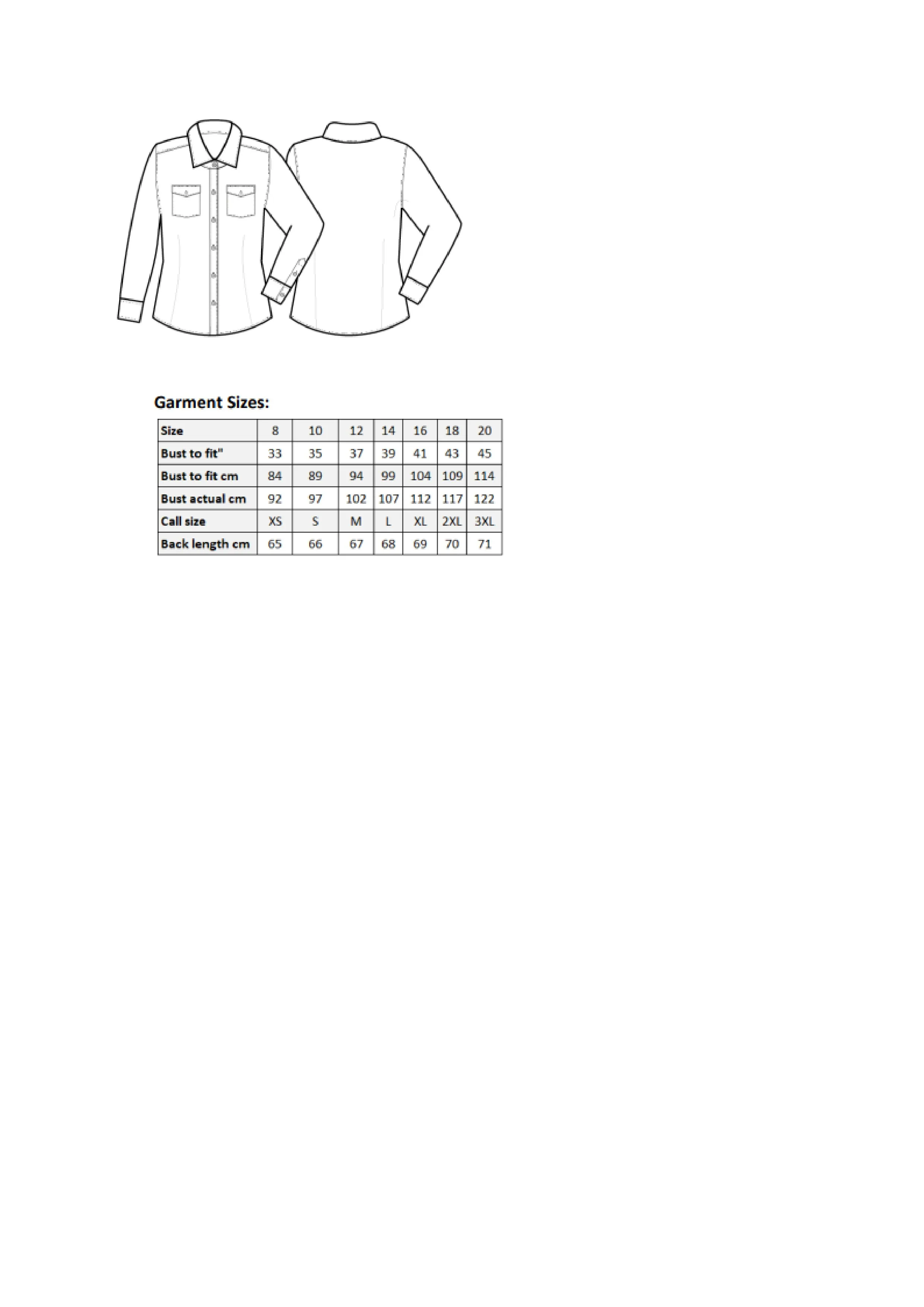 Größentabelle für Women´s Jeans Stitch Denim Shirt – PW322