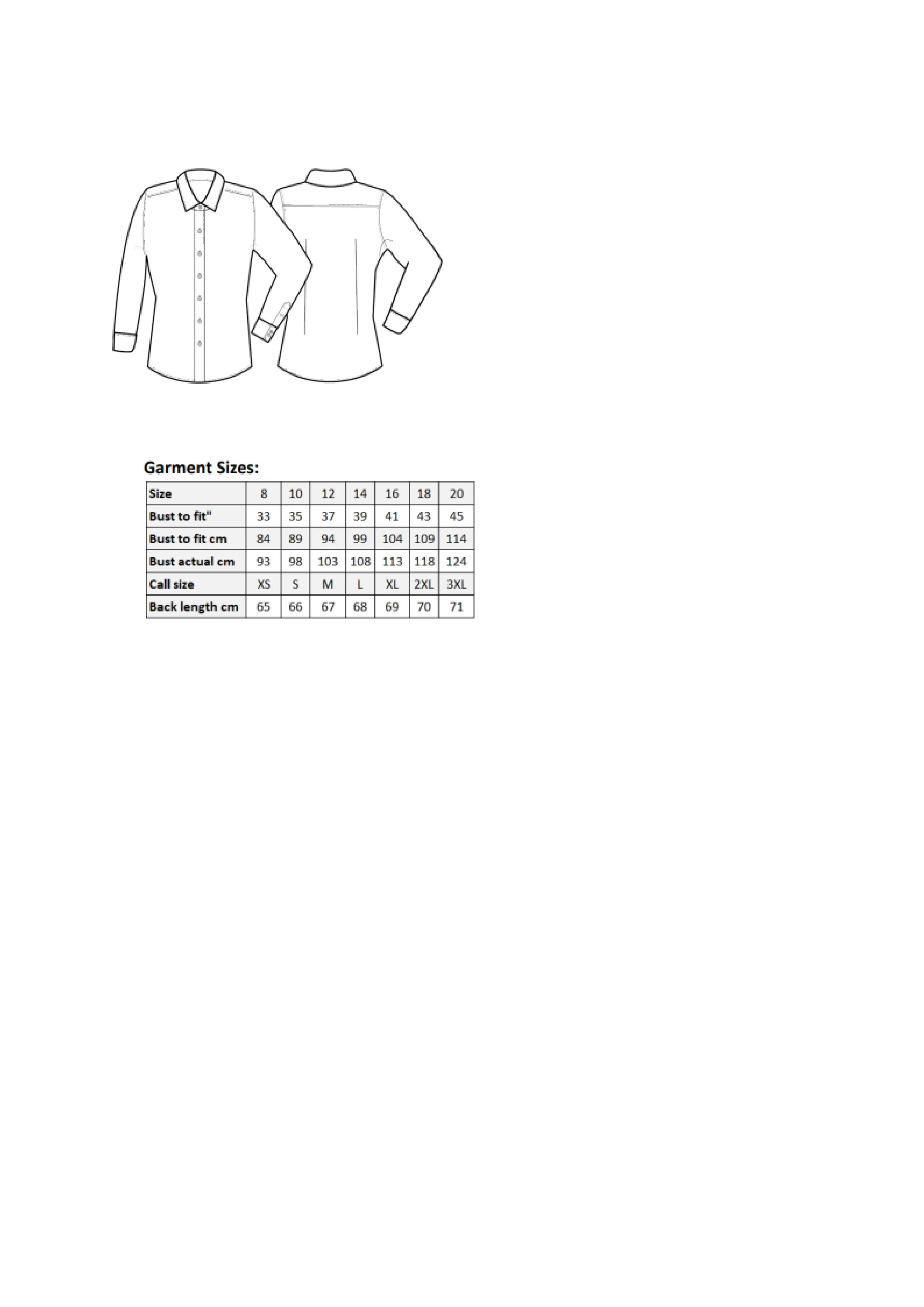 Größentabelle für Women´s Stretch Fit Poplin Long Sleeve Cotton Shirt – PW344