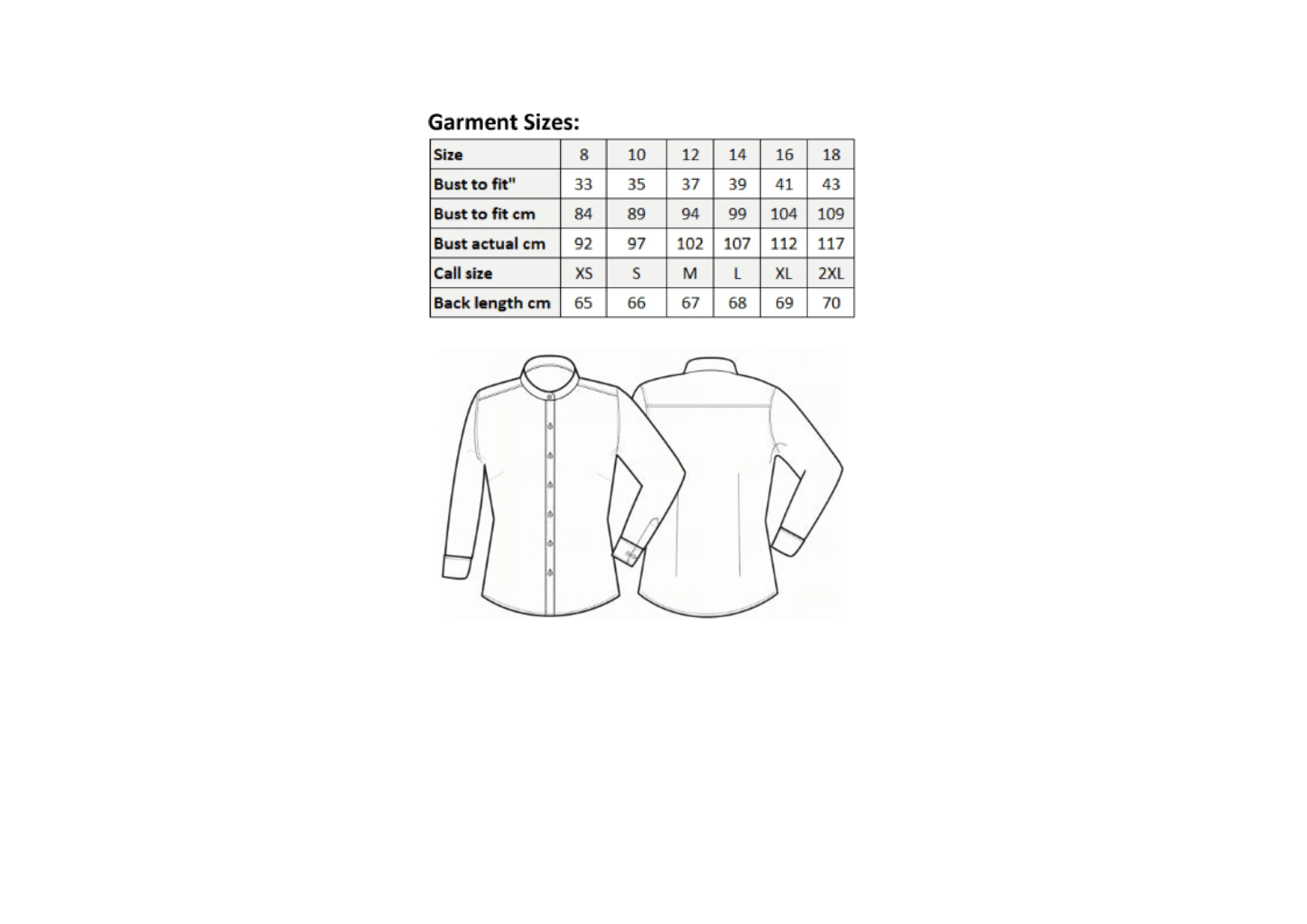 Größentabelle für Women´s Banded Collar Grandad Shirt – PW358