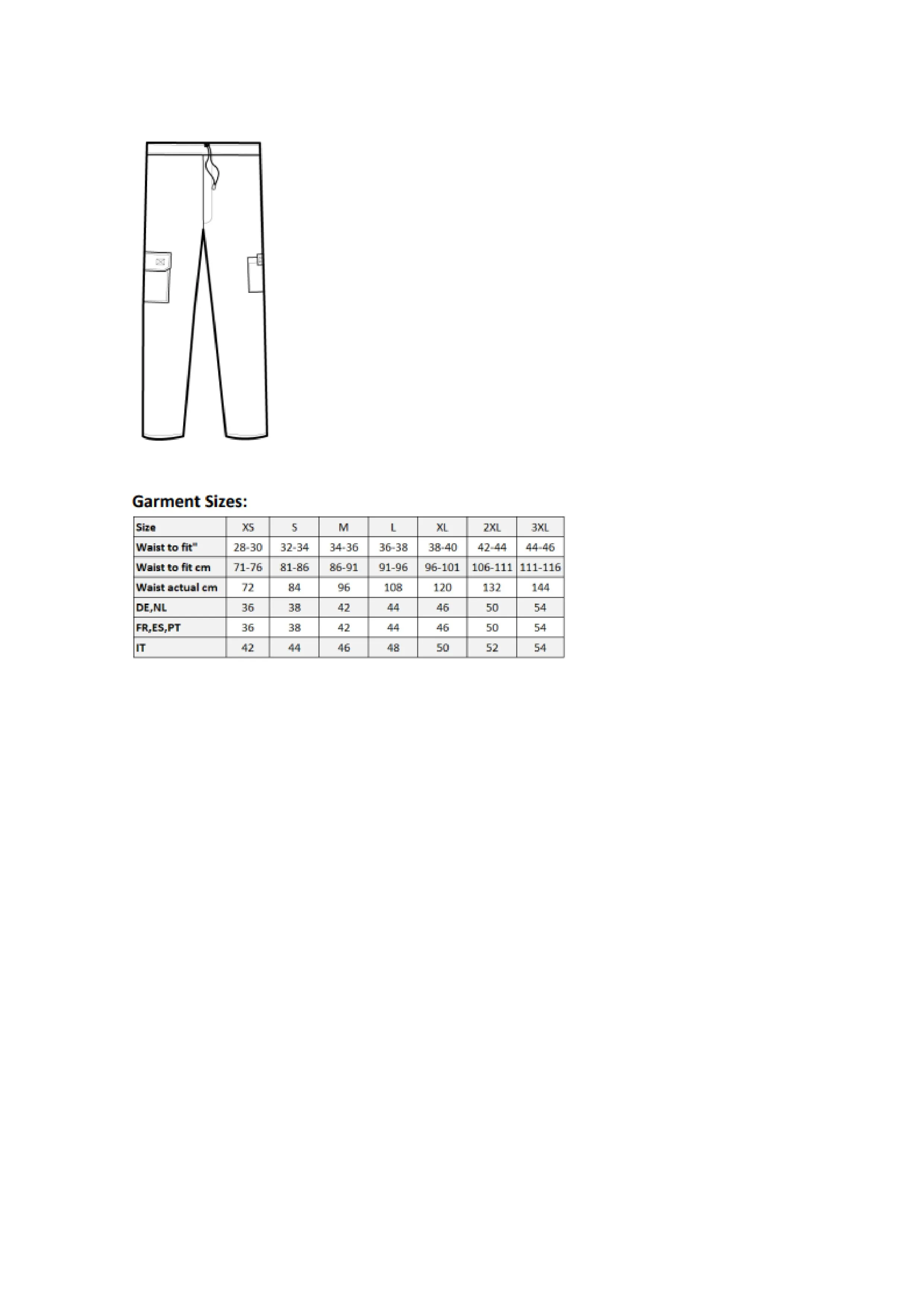 Größentabelle für Essential Chef´s Cargo Pocket Trousers – PW555