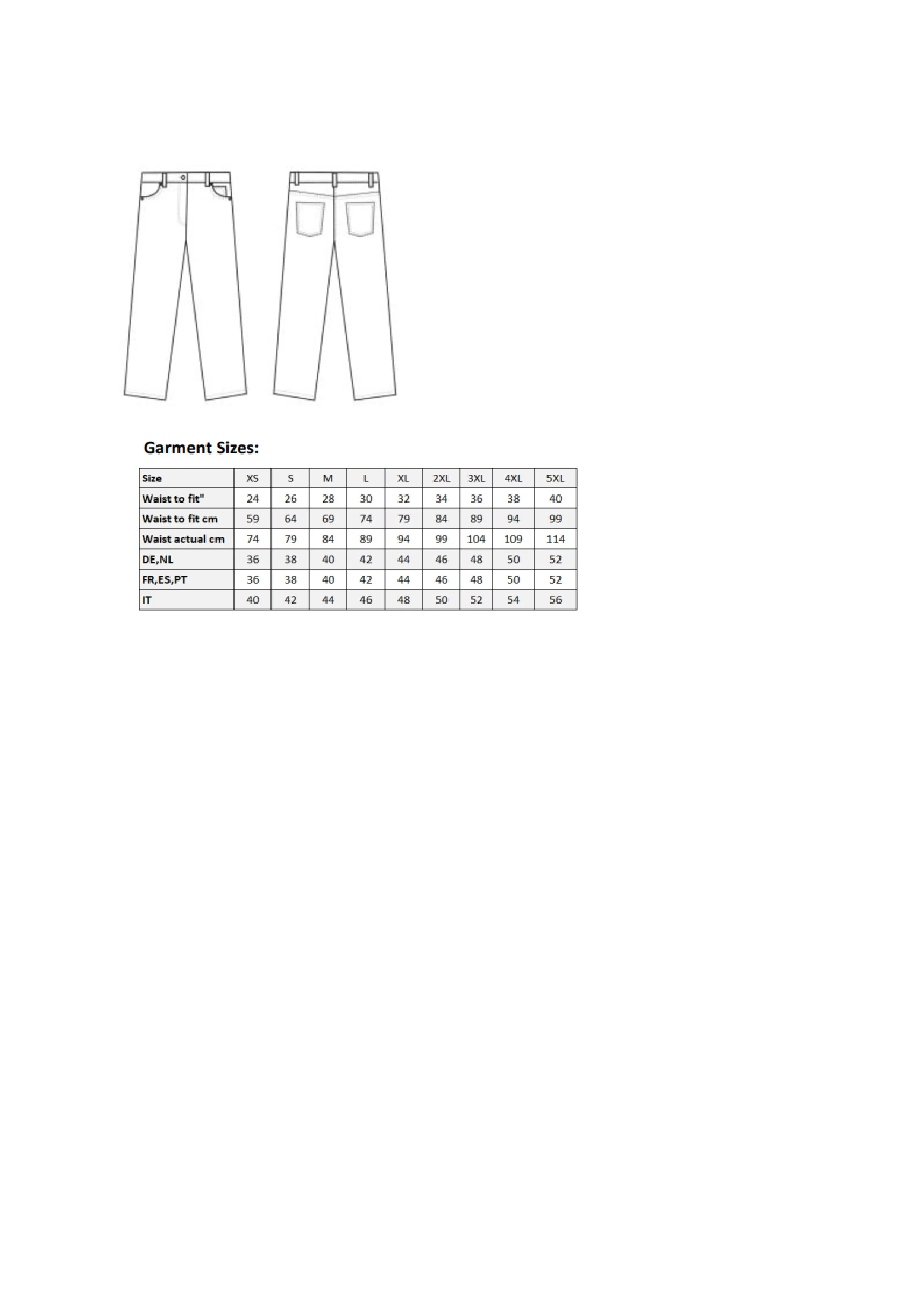 Größentabelle für Women´s Performance Chino Jeans – PW570