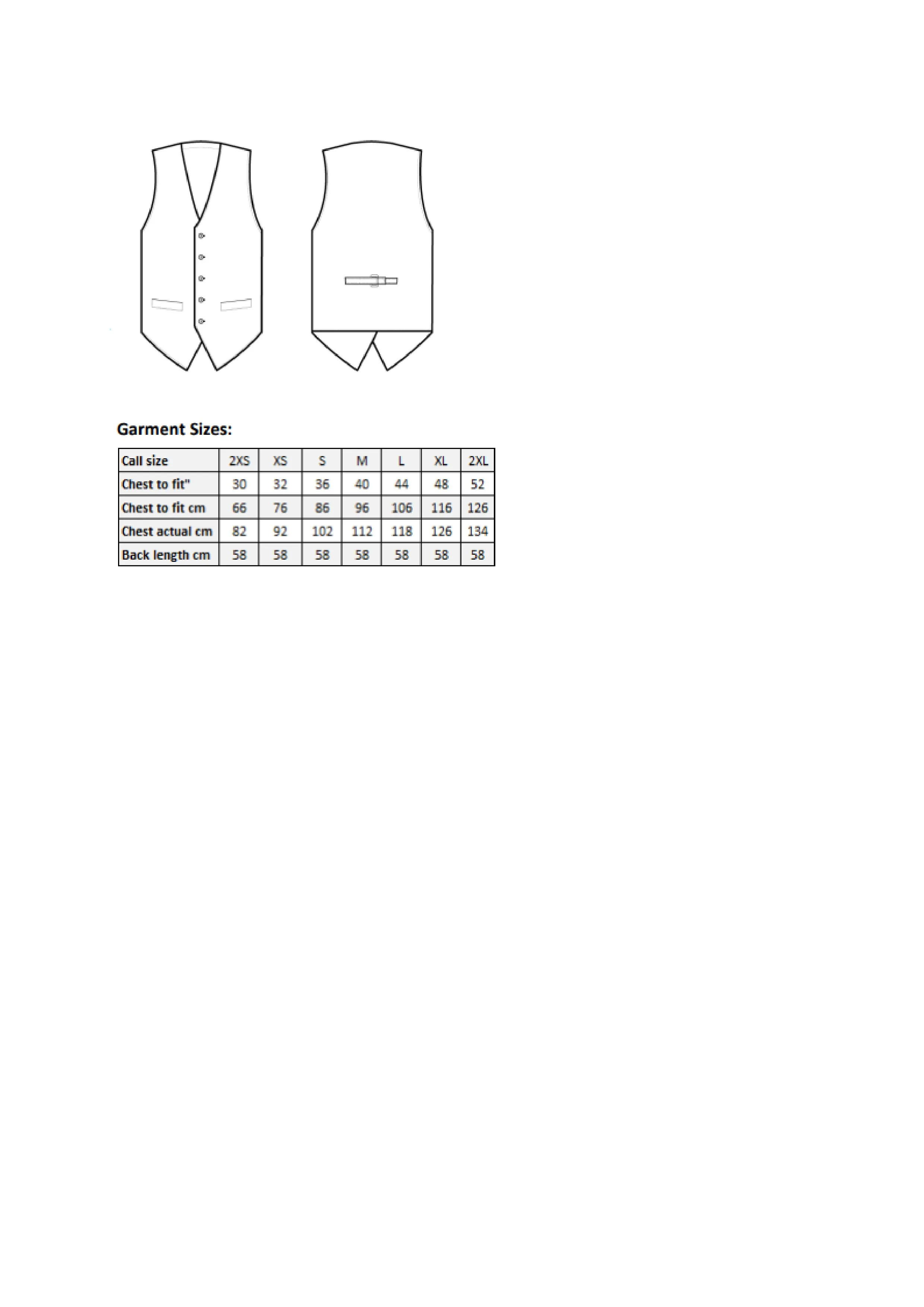 Größentabelle für Men´s Lined Polyester Waistcoat – PW622