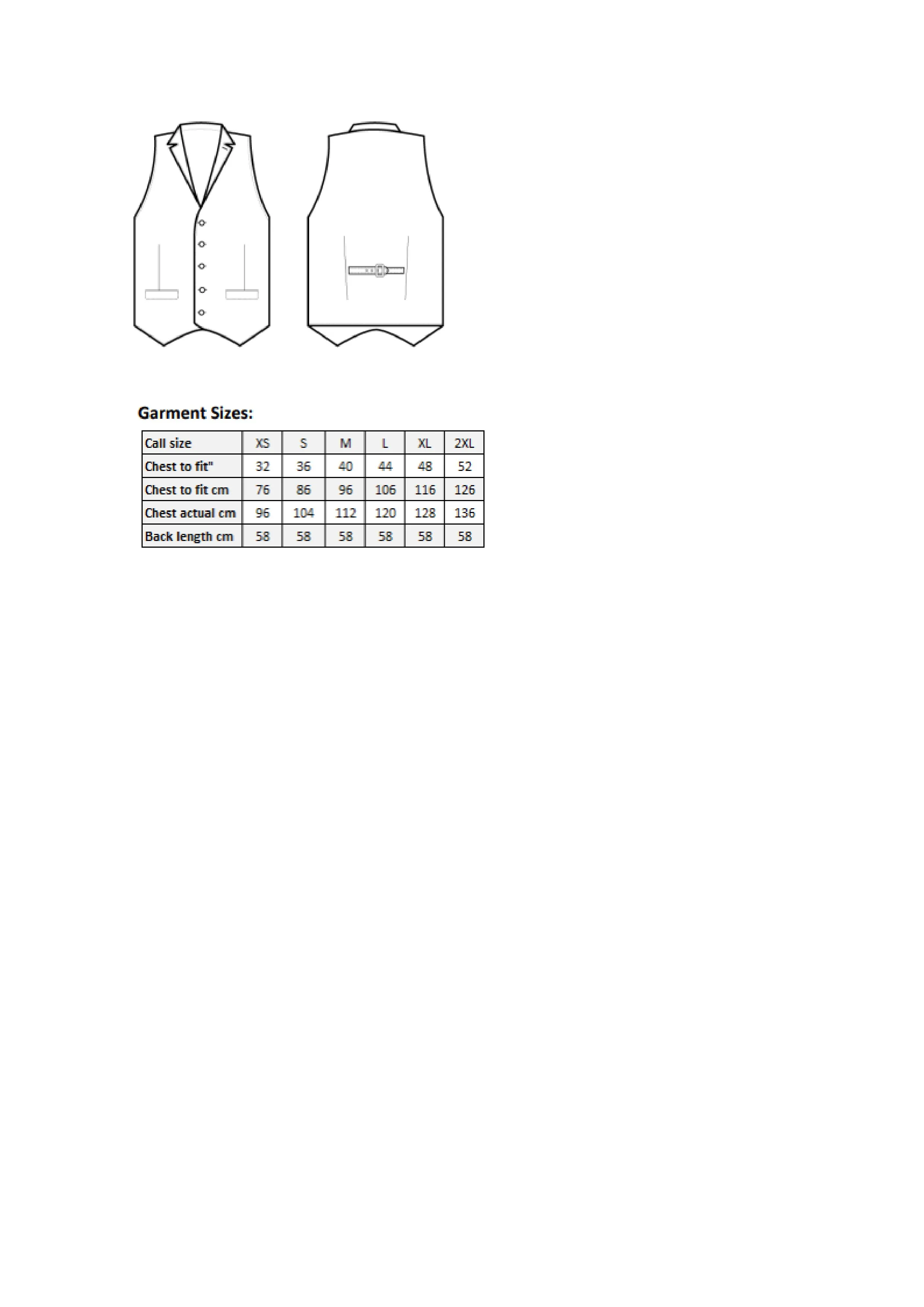 Größentabelle für Men´s Herringbone Waistcoat – PW625