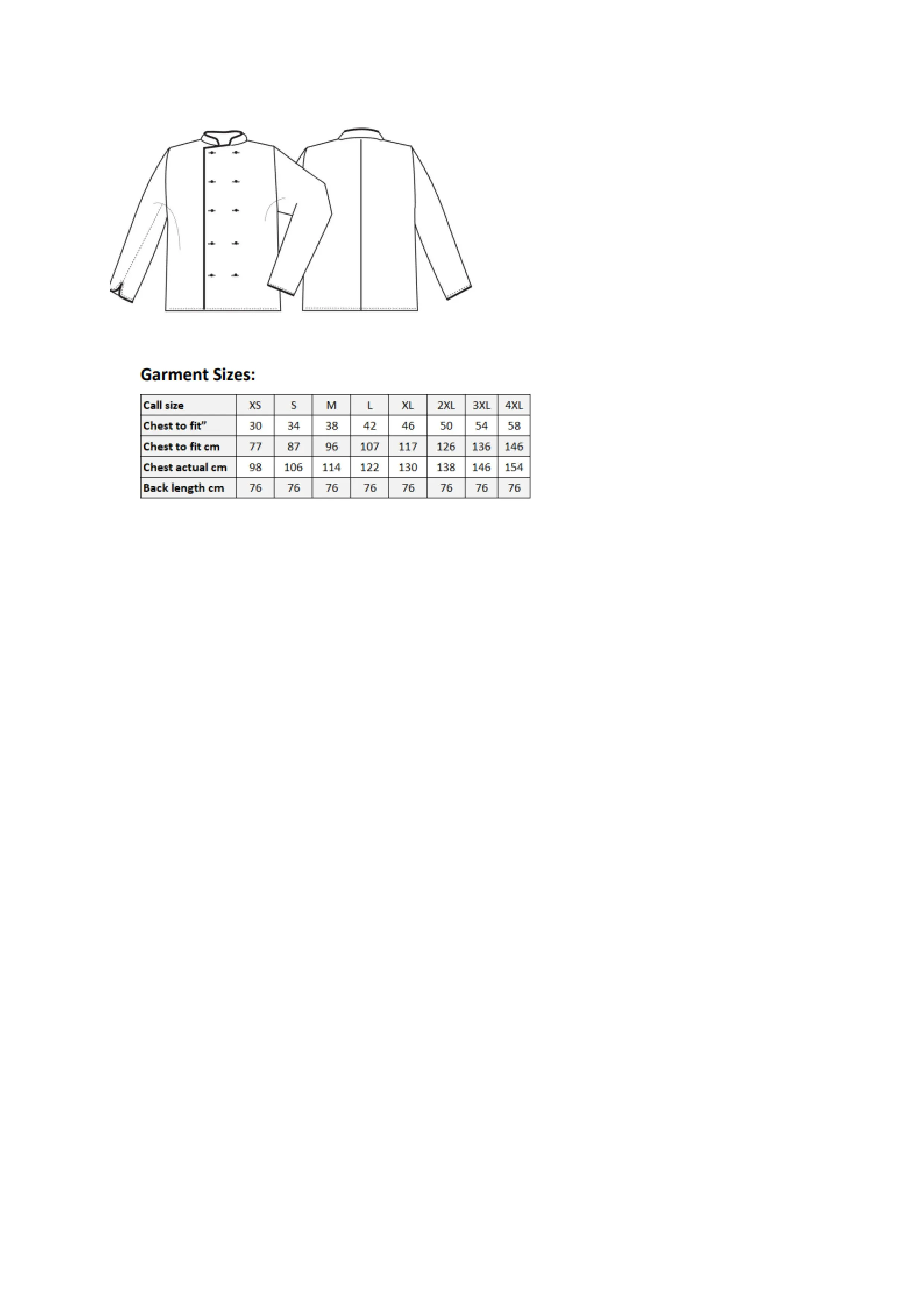 Größentabelle für Long Sleeve Chef´s Jacket – PW657
