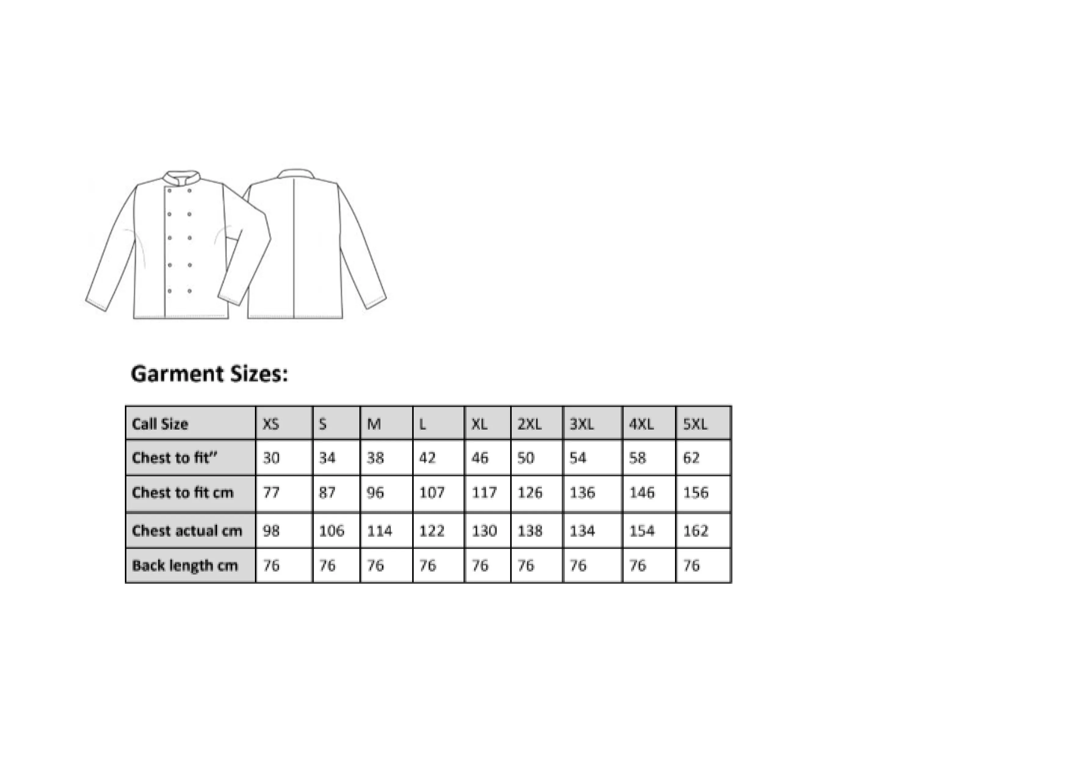 Größentabelle für Chef´s Long Sleeve Stud Jacket – PW665