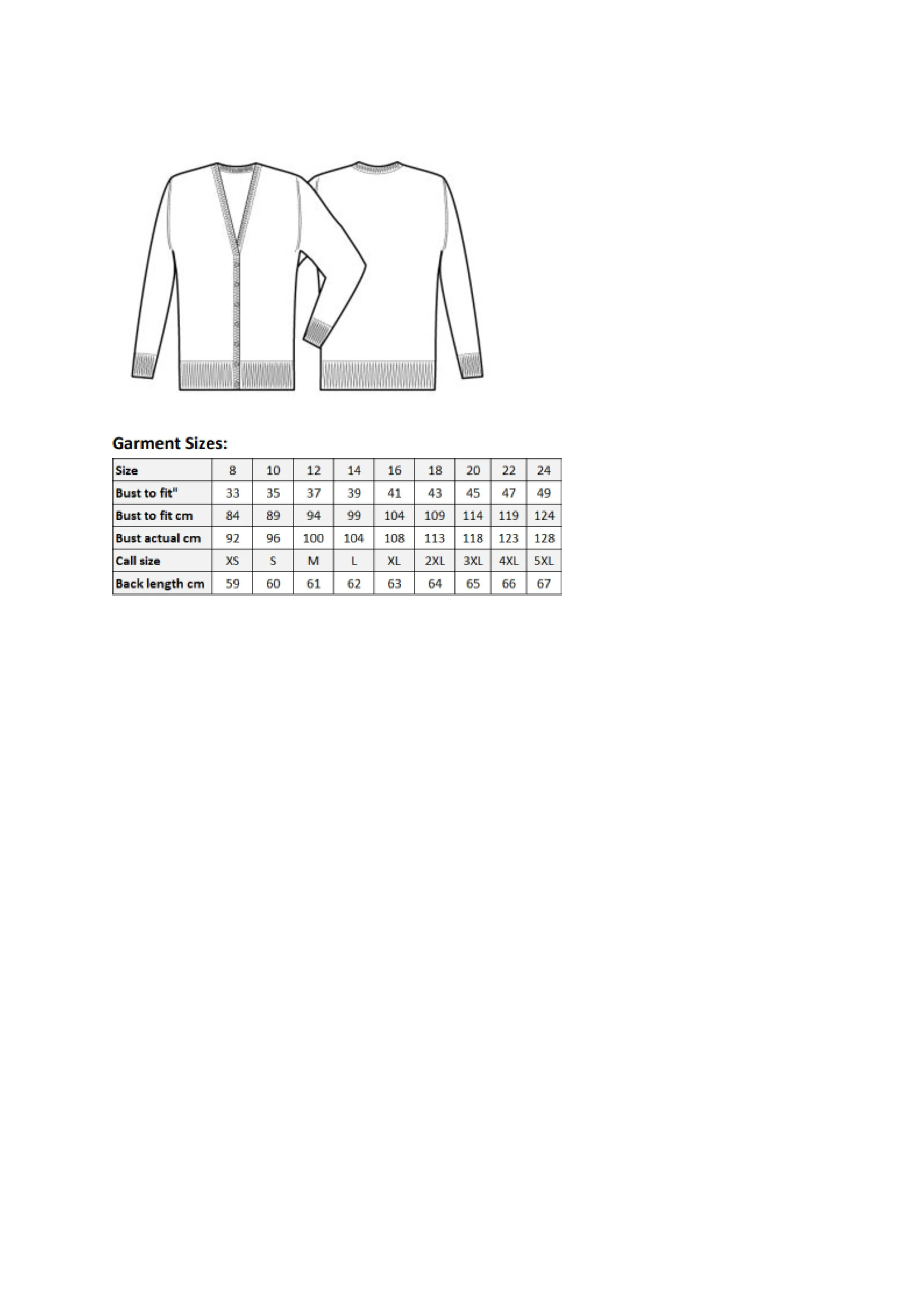 Größentabelle für Women´s Button Through Knitted Cardigan – PW697