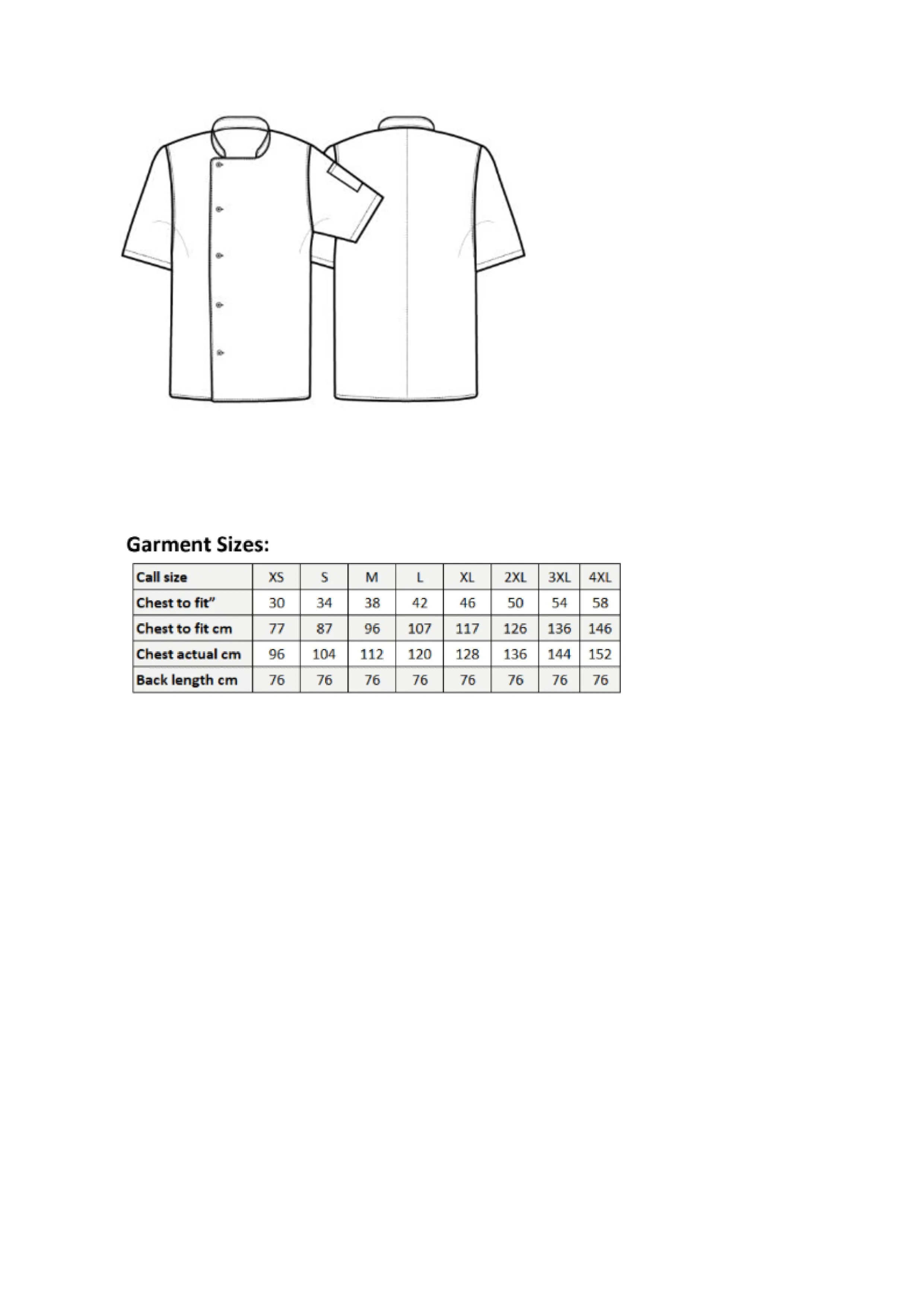 Größentabelle für Essential Short Sleeve Chef´s Jacket – PW900