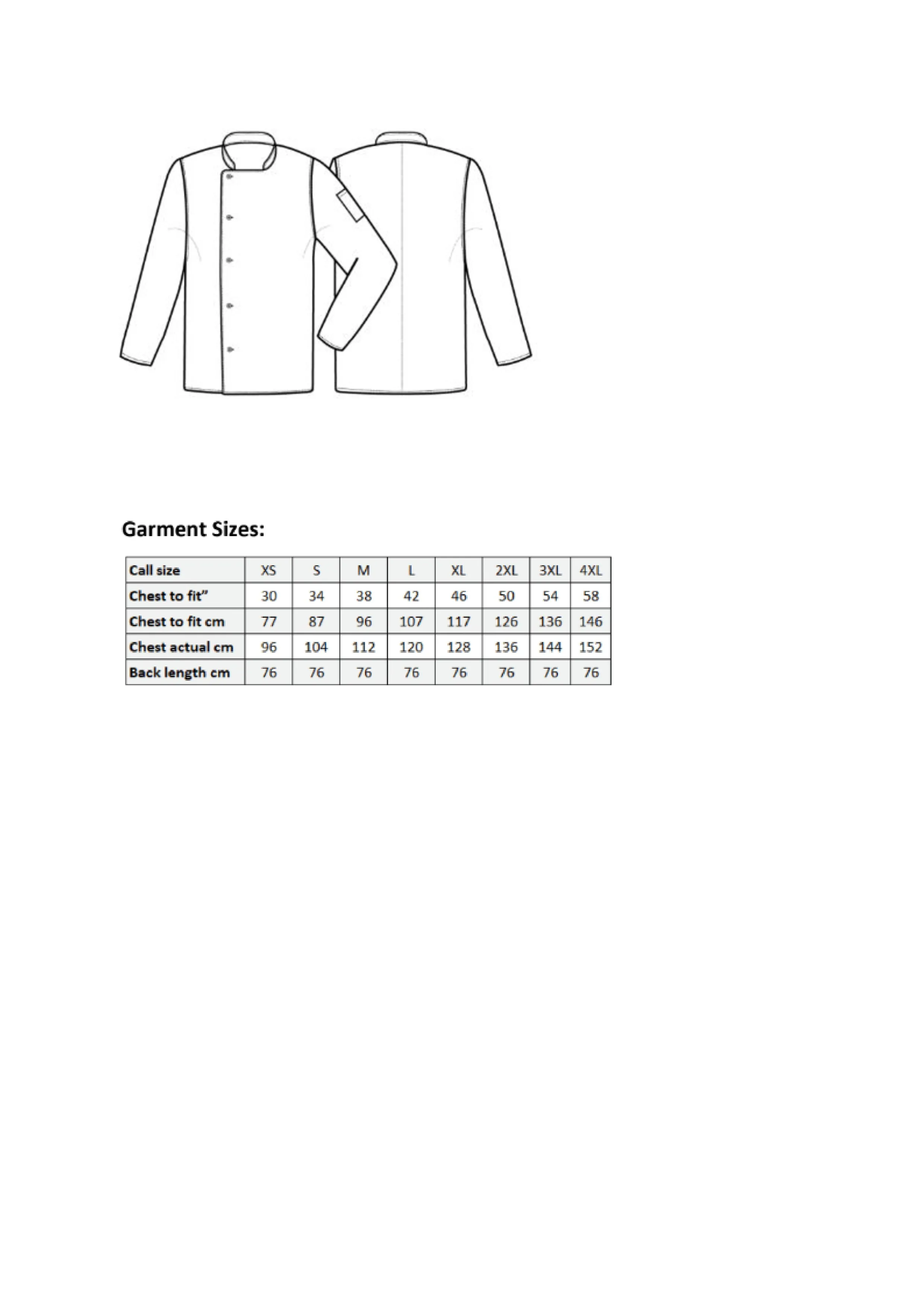 Größentabelle für Essential Long Sleeve Chef´s Jacket – PW901