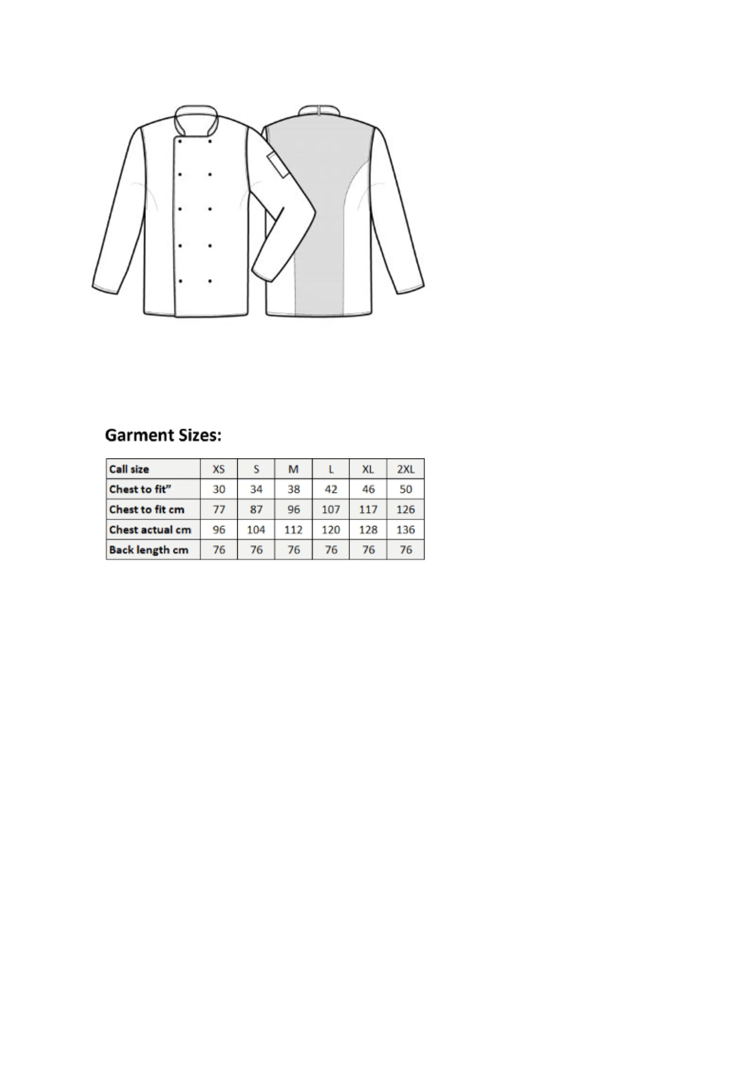 Größentabelle für Chef´s Long Sleeve Coolchecker® Jacket – PW903