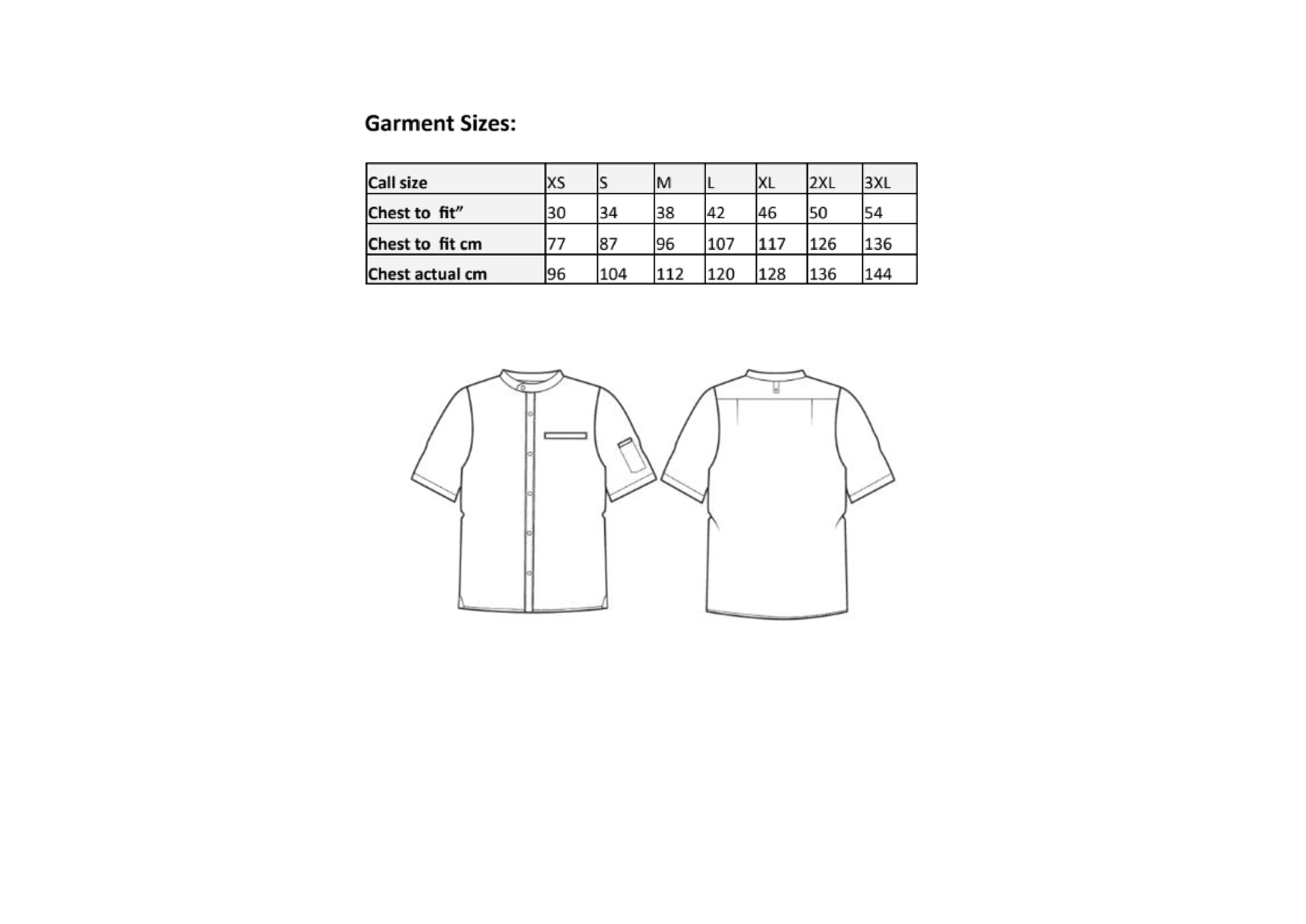 Größentabelle für Chef´s Recycled Short Sleeve Shirt – PW904