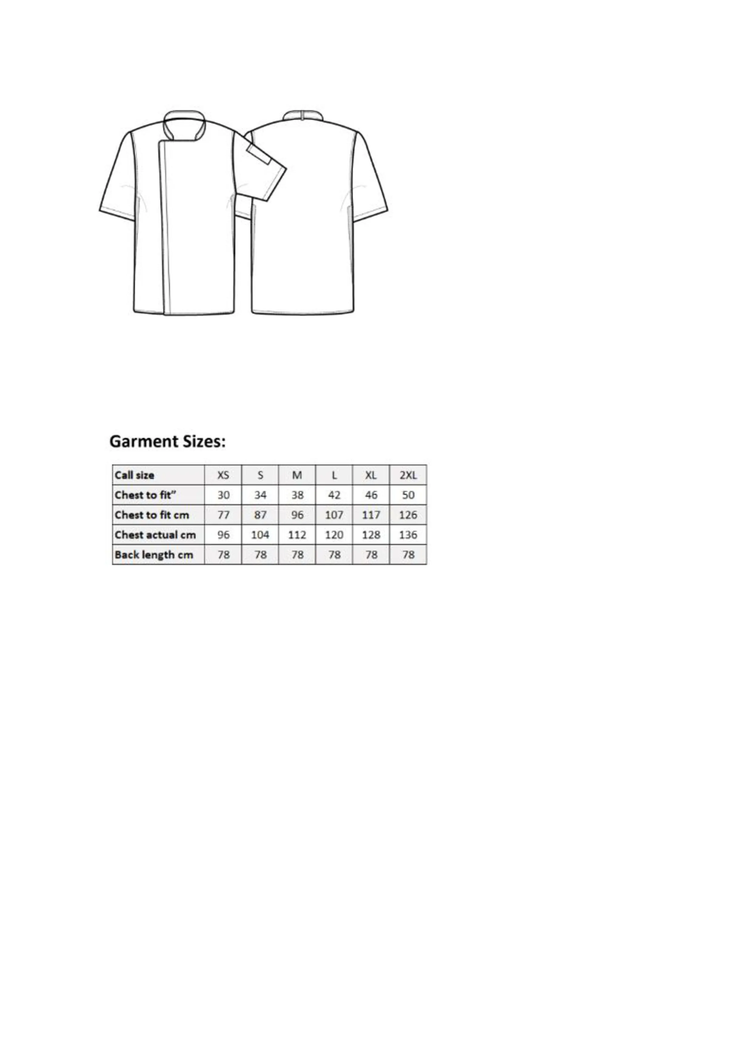 Größentabelle für Chef´s Zip-Close Short Sleeve Jacket – PW906