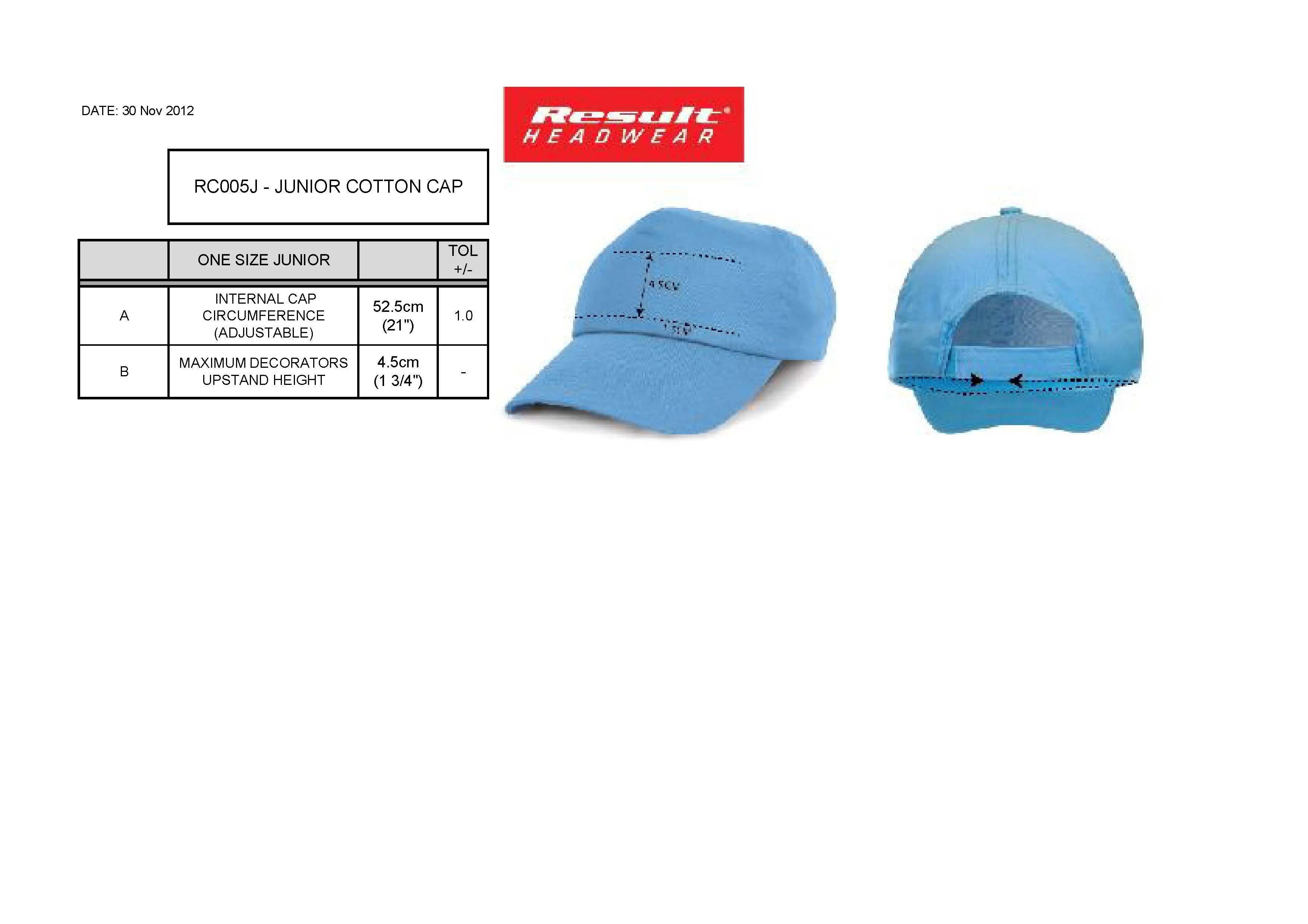 Größentabelle für Junior Cotton Cap – RH05J