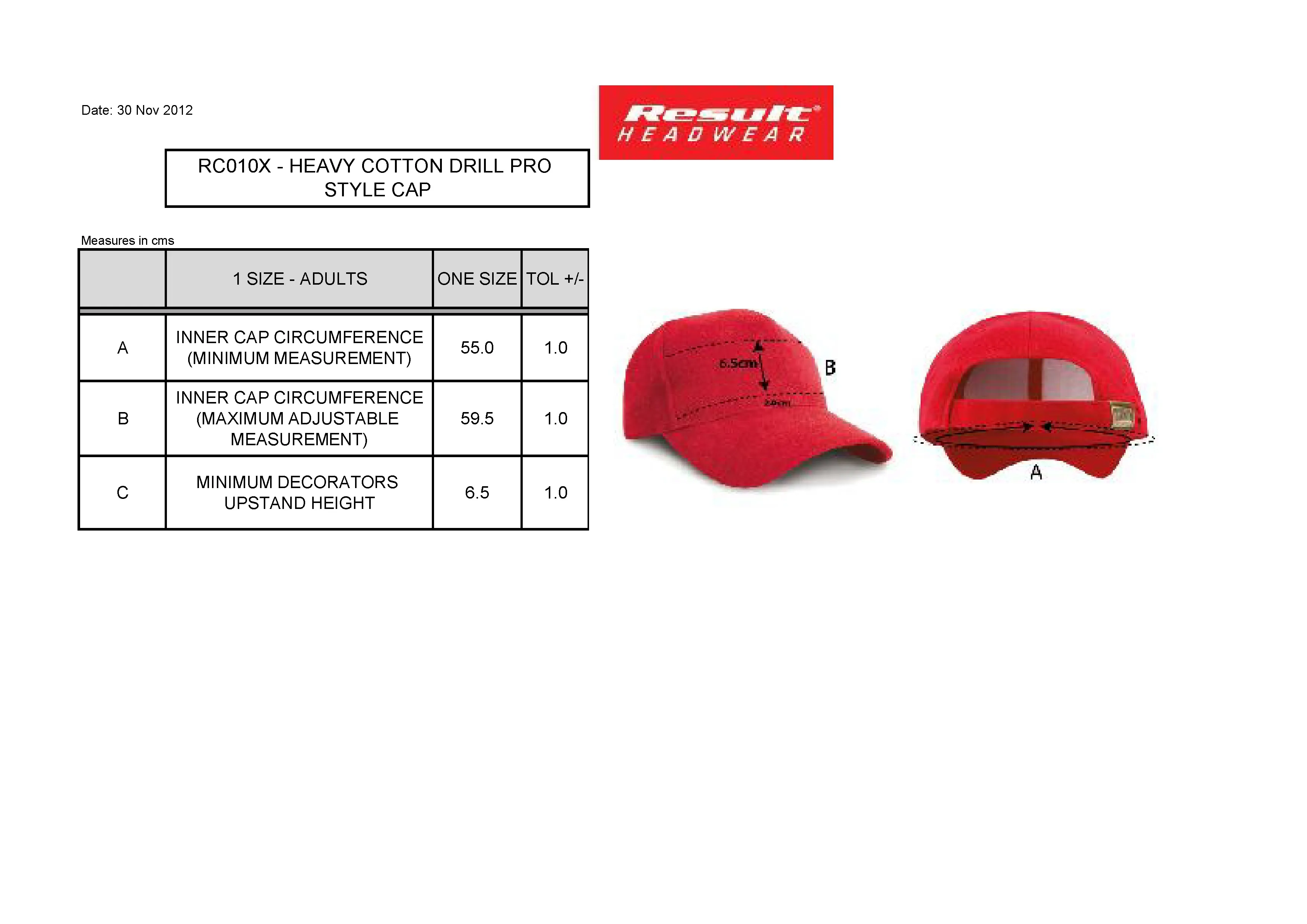 Größentabelle für Heavy Cotton Drill Pro Style Cap – RH10