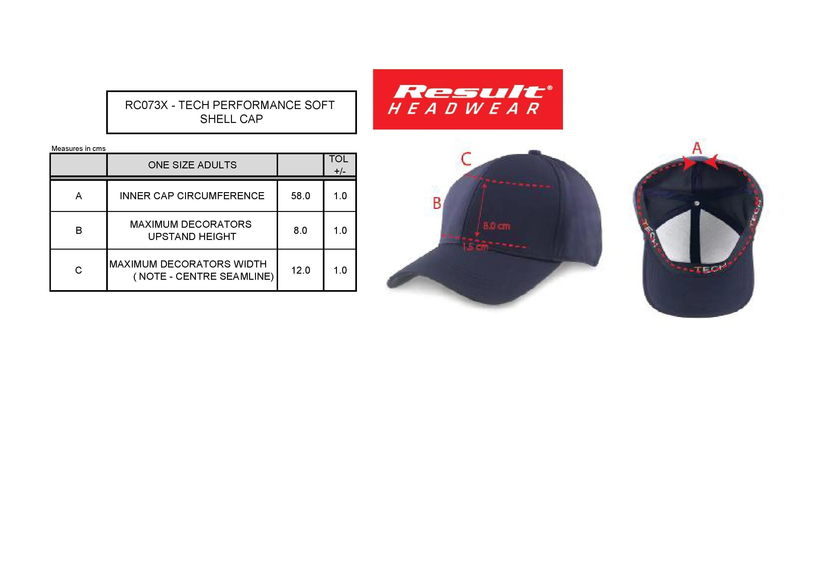 Größentabelle für Tech Performance Soft Shell Cap – RH73