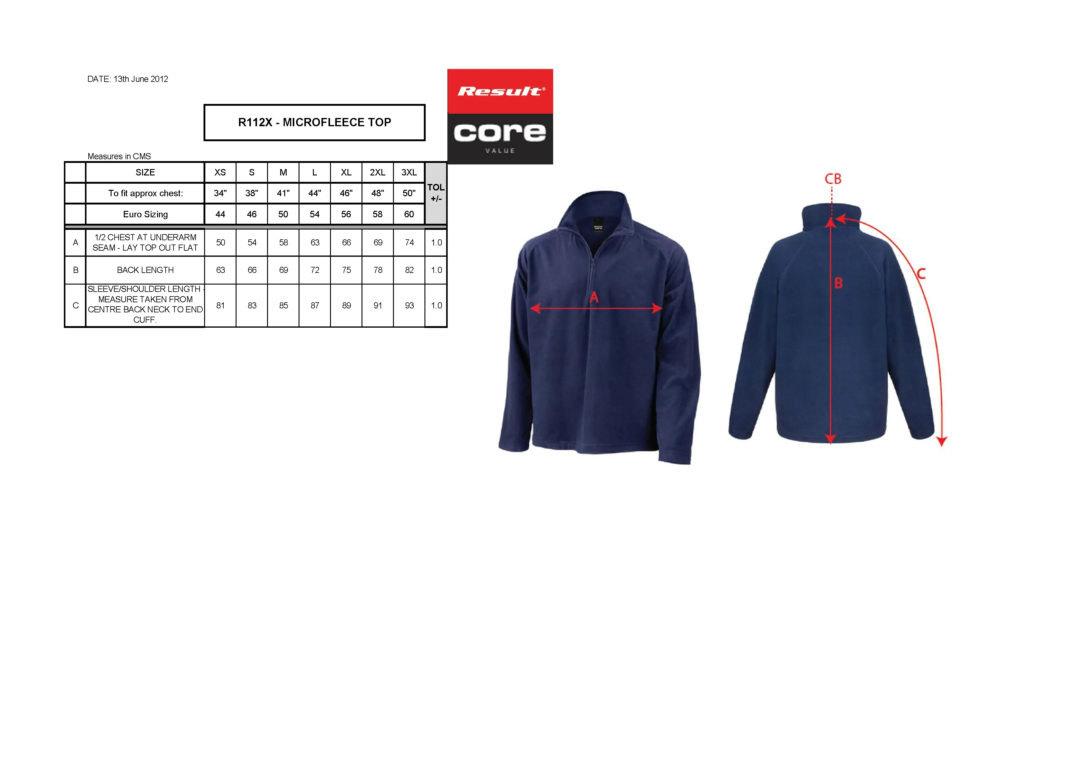 Größentabelle für Microfleece Top – RT112X