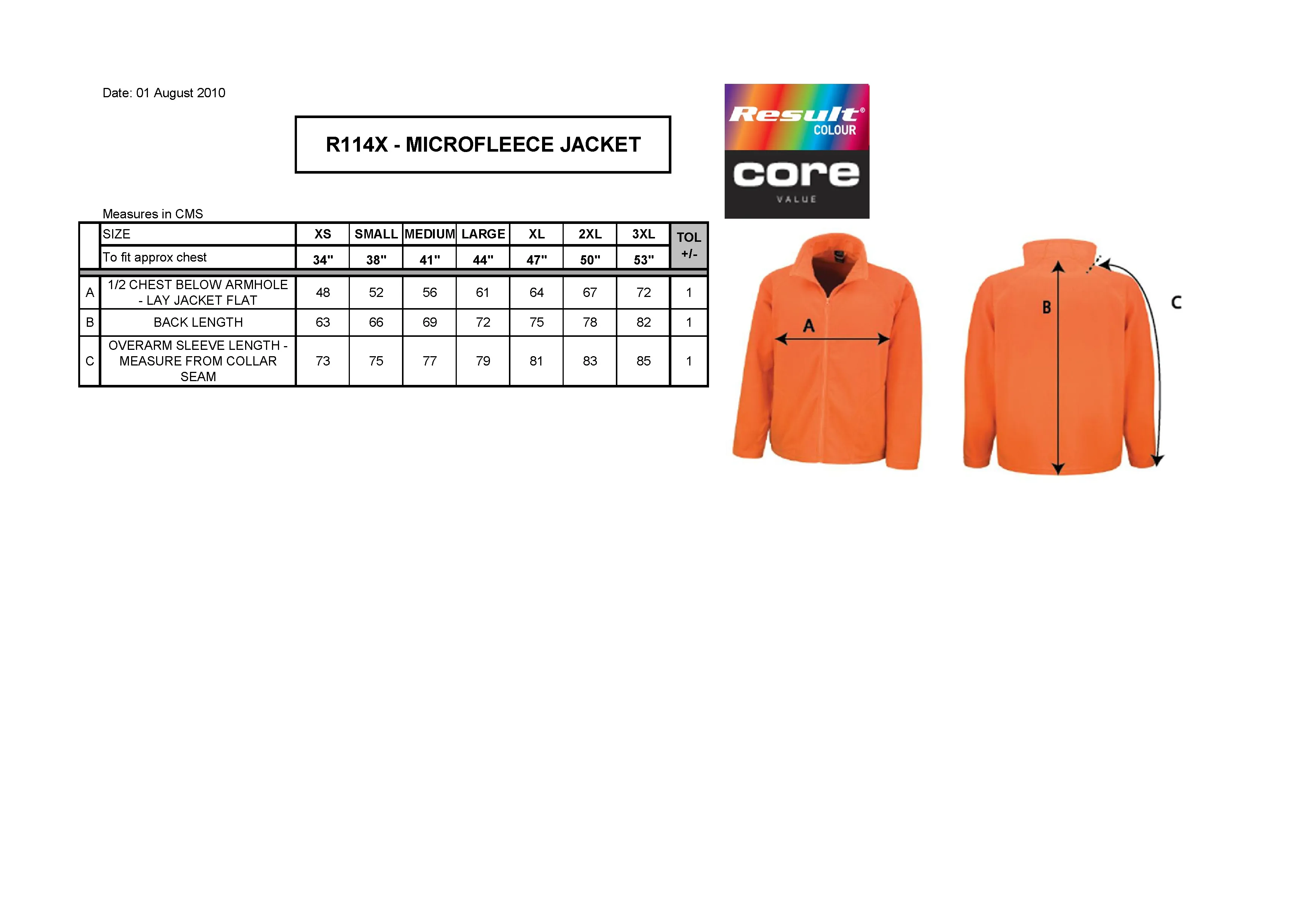 Größentabelle für Micro Fleece Jacket – RT114X