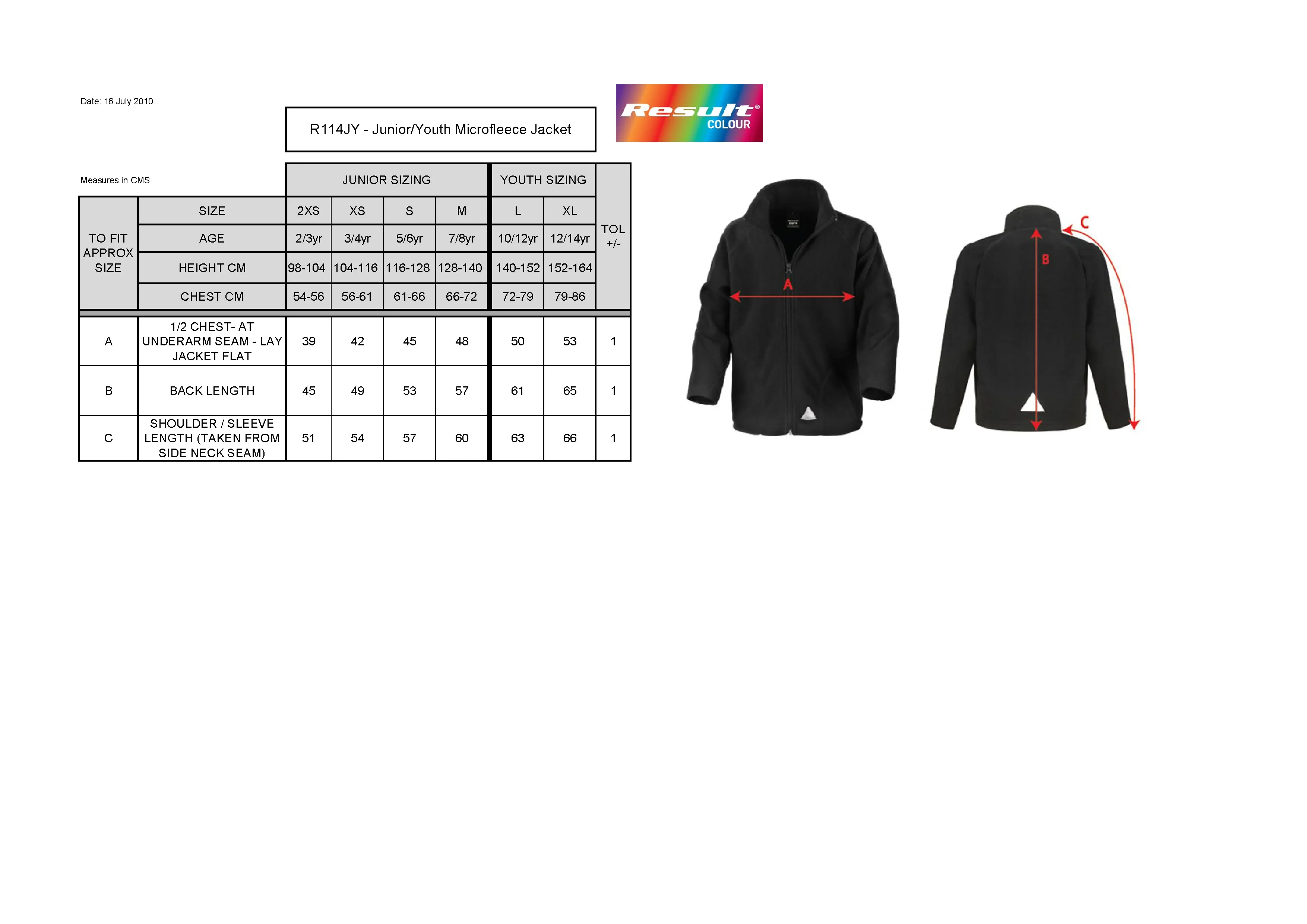 Größentabelle für Youth Microfleece Jacket – RT114Y