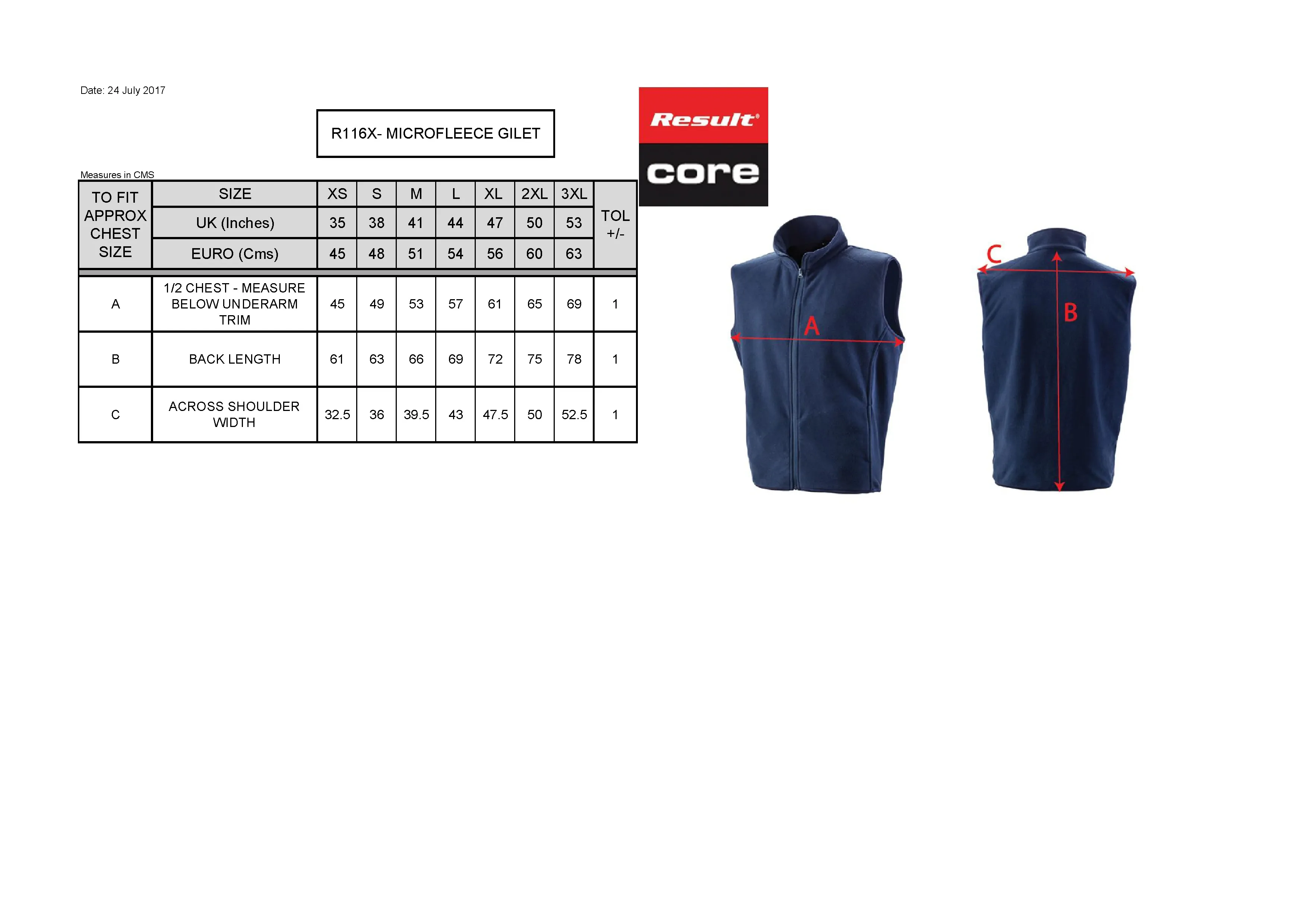 Größentabelle für Micro Fleece Gilet – RT1160