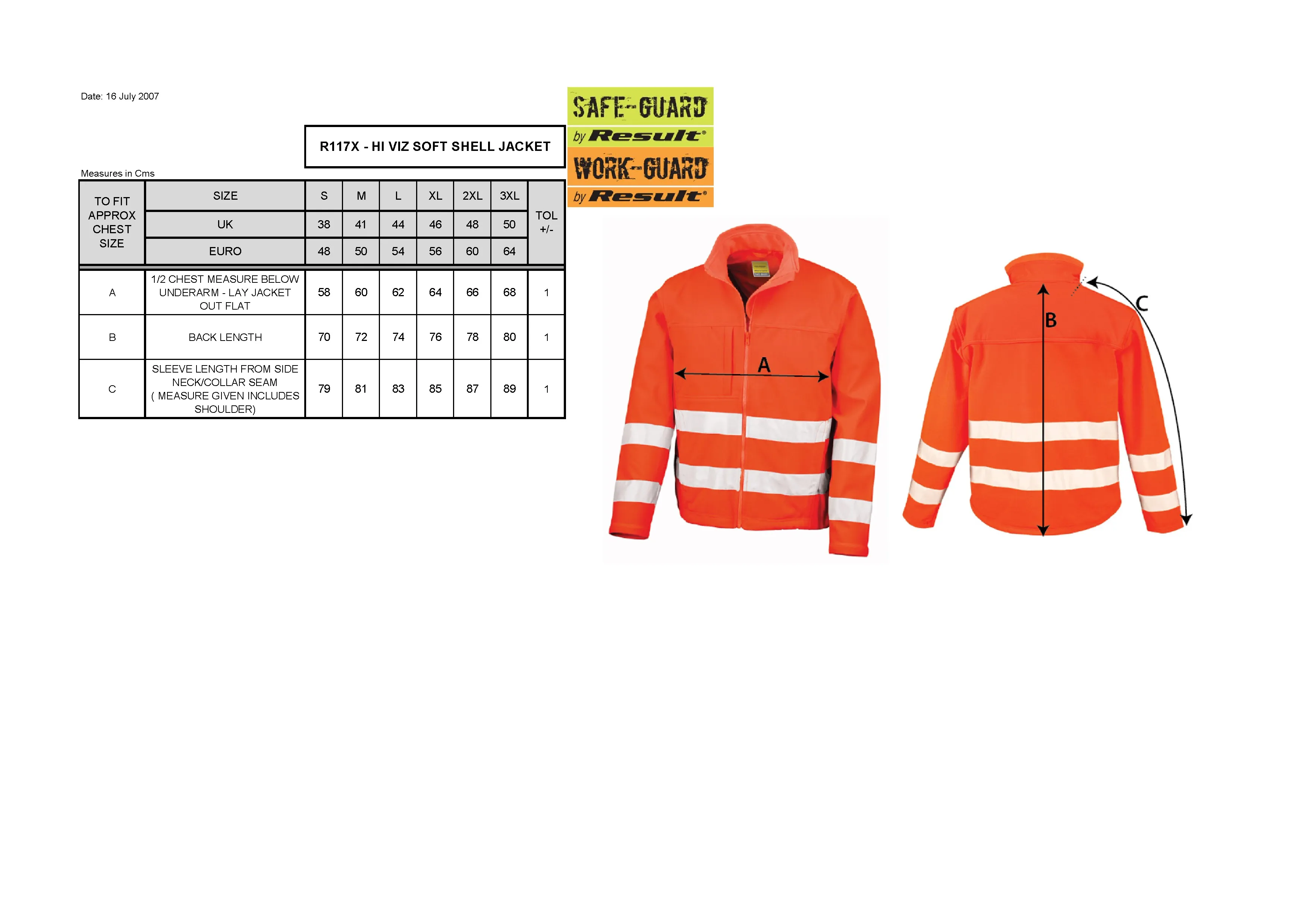 Größentabelle für High Vis Soft Shell Jacket – RT117