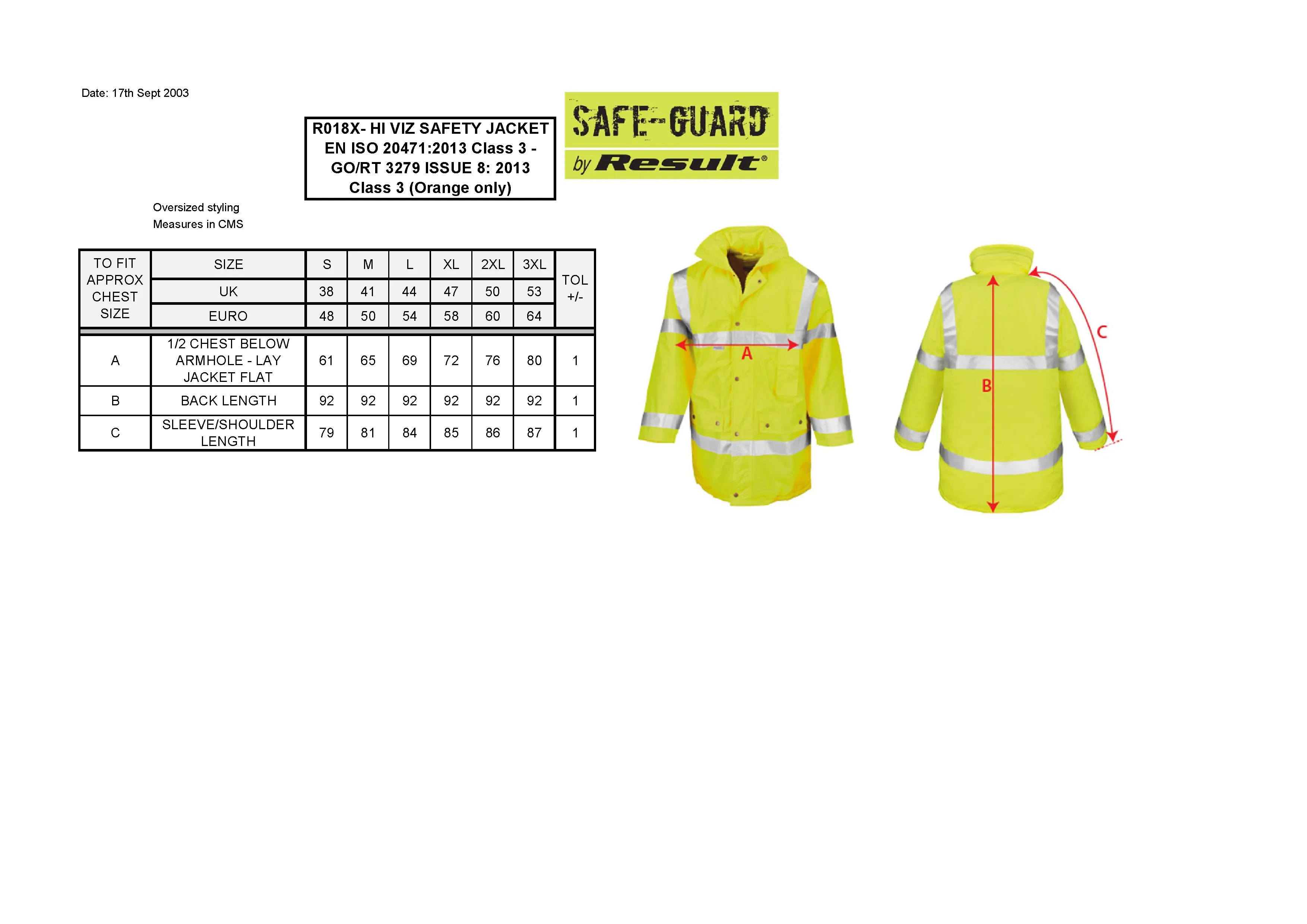 Größentabelle für Safety Jacket – RT18