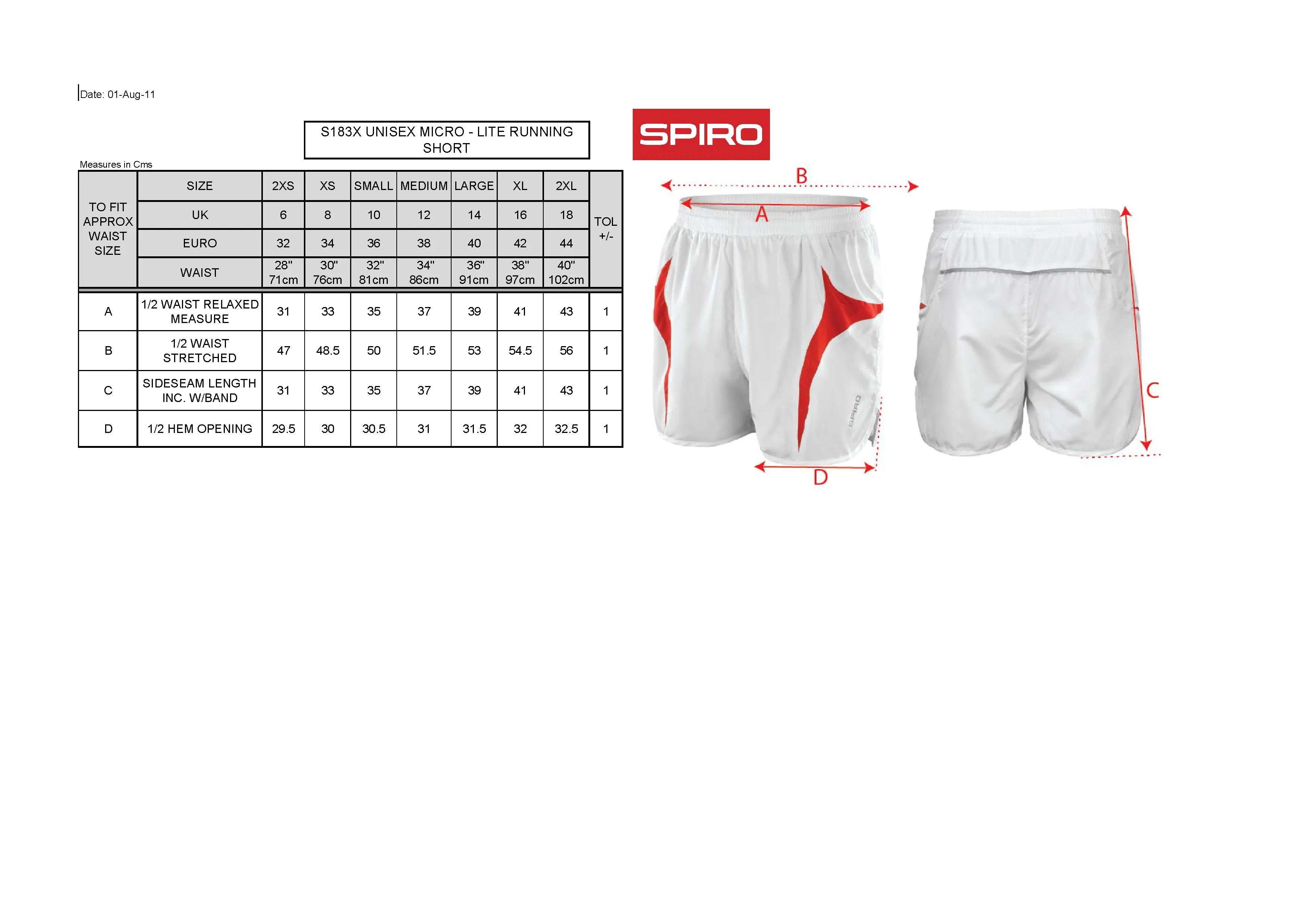 Größentabelle für Micro Lite Running Shorts – RT183