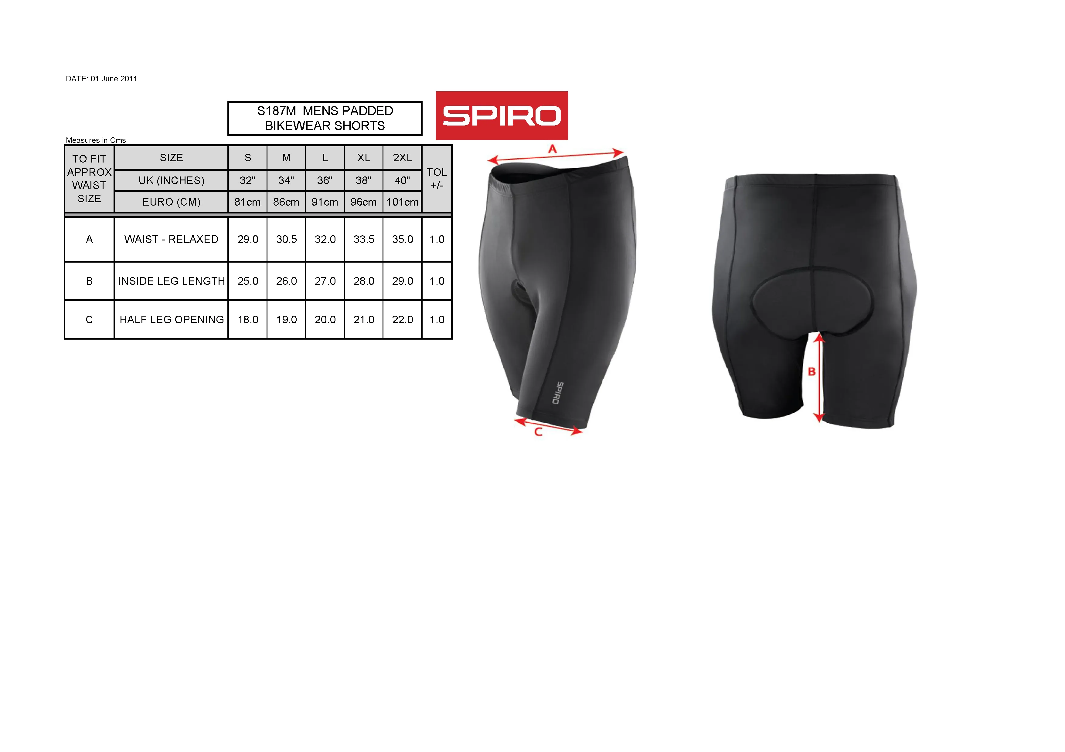 Größentabelle für Men´s Padded Bikewear Shorts – RT187M