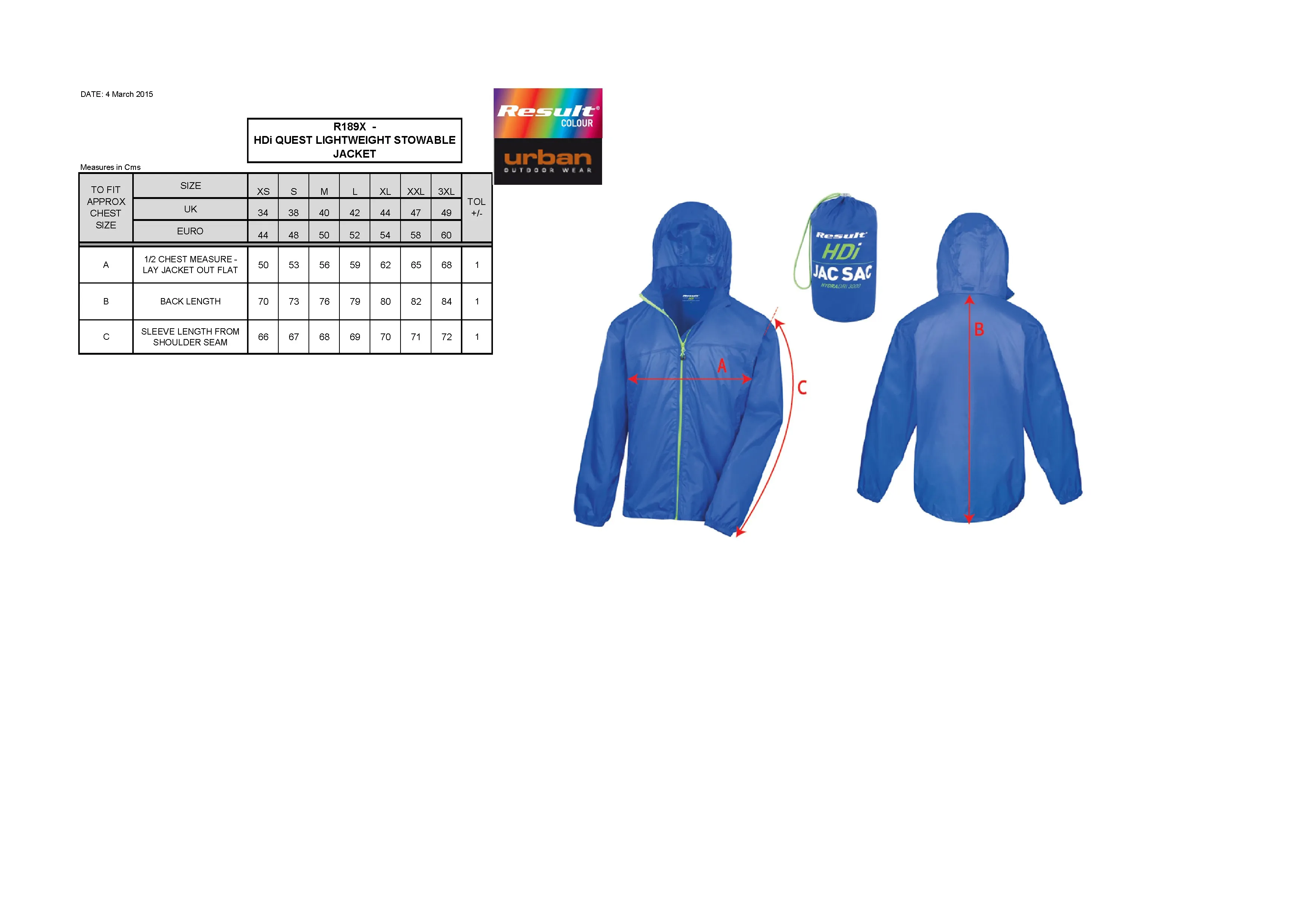 Größentabelle für Urban HDi Quest Lightweight Stowable Jacket – RT189