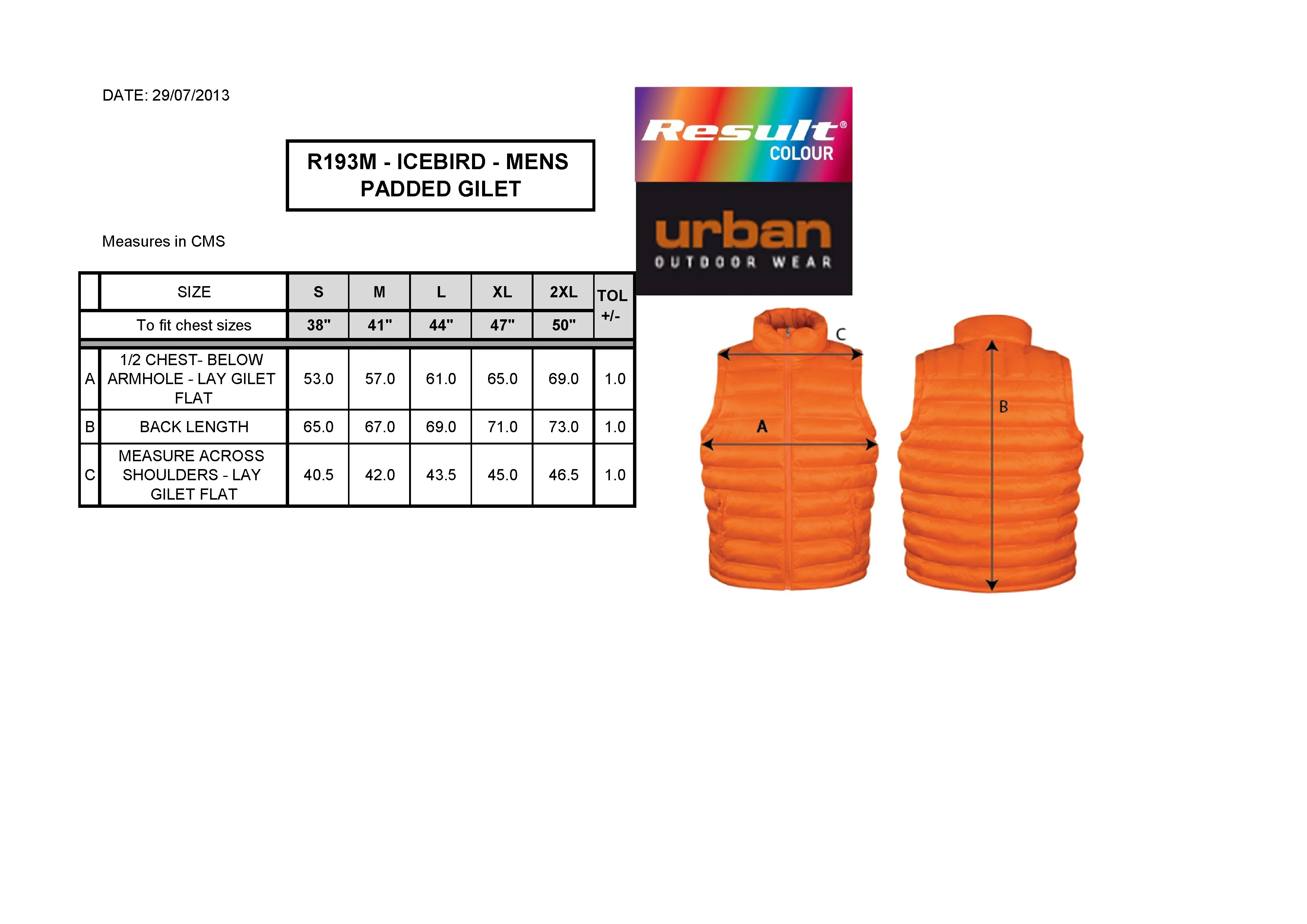 Größentabelle für Men´s Ice Bird Padded Gilet – RT193