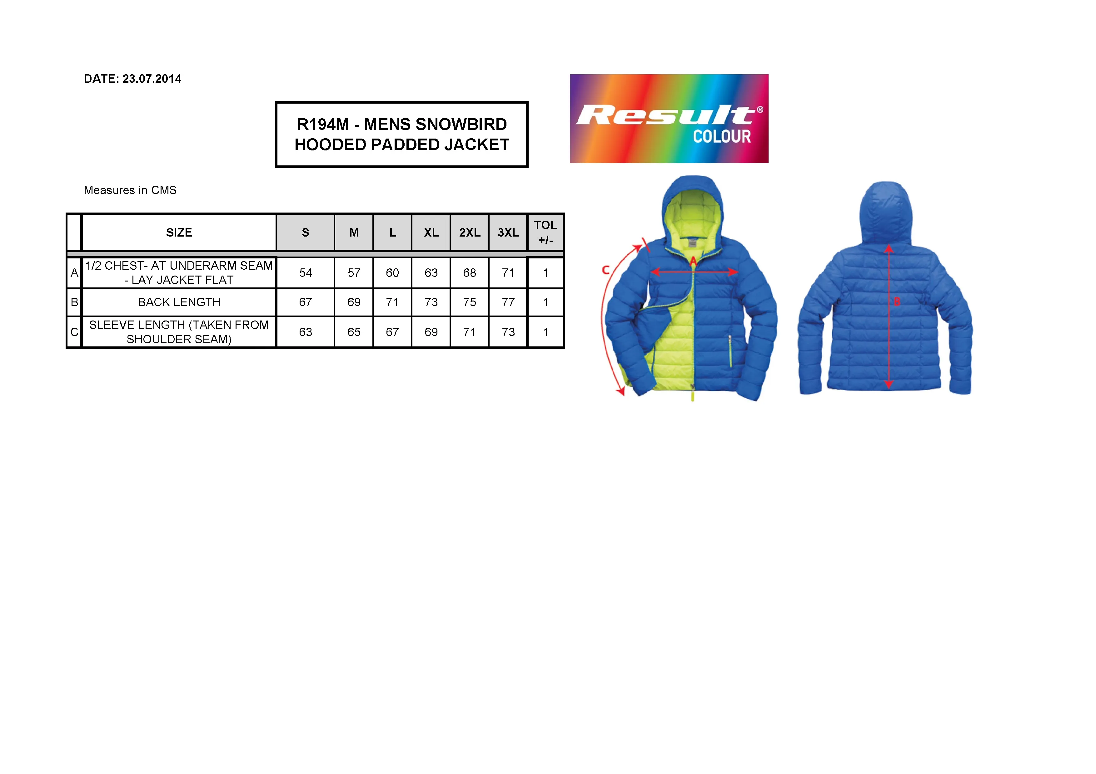 Größentabelle für Men´s Snow Bird Hooded Jacket – RT194M