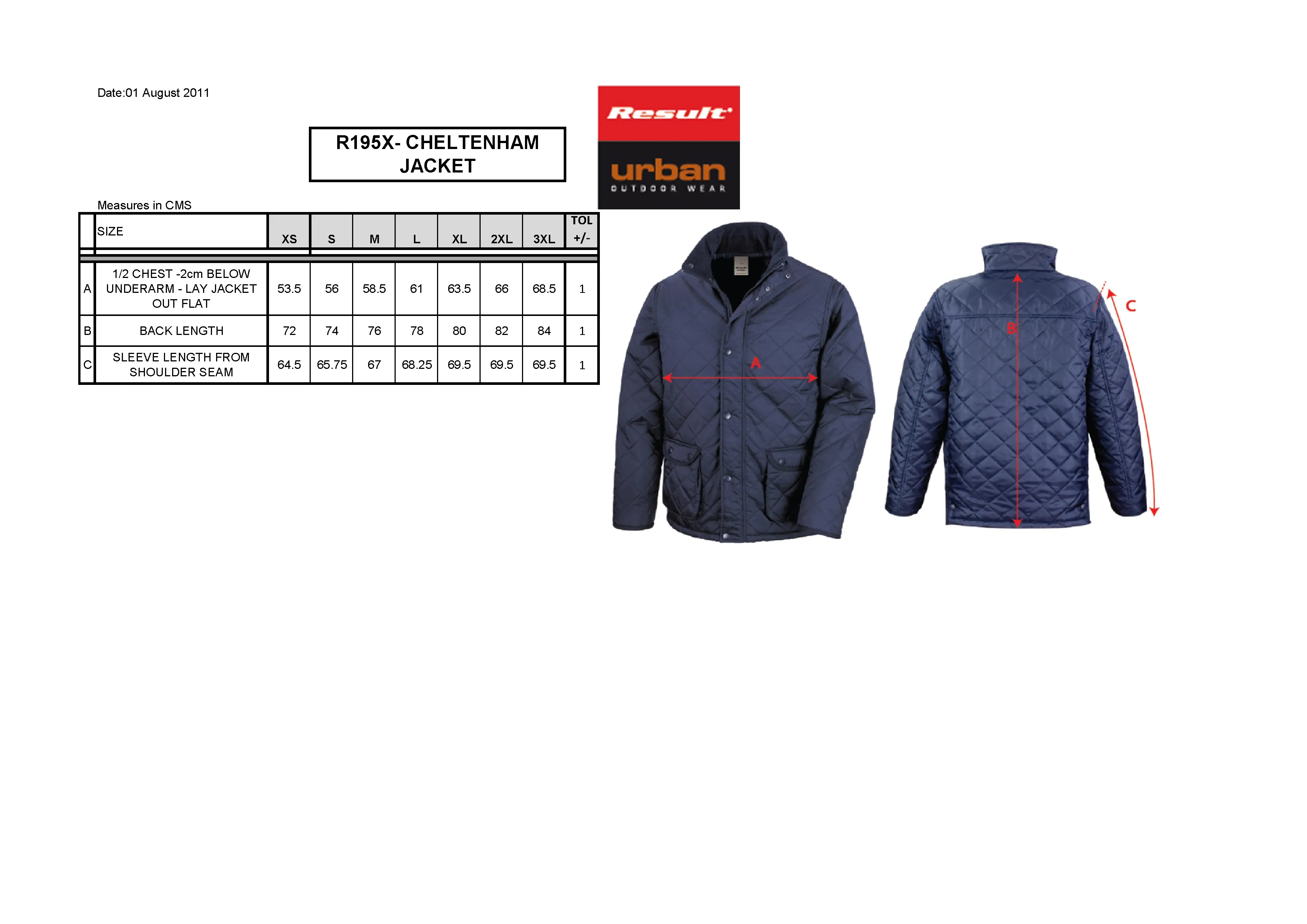 Größentabelle für Cheltenham Jacket – RT195X