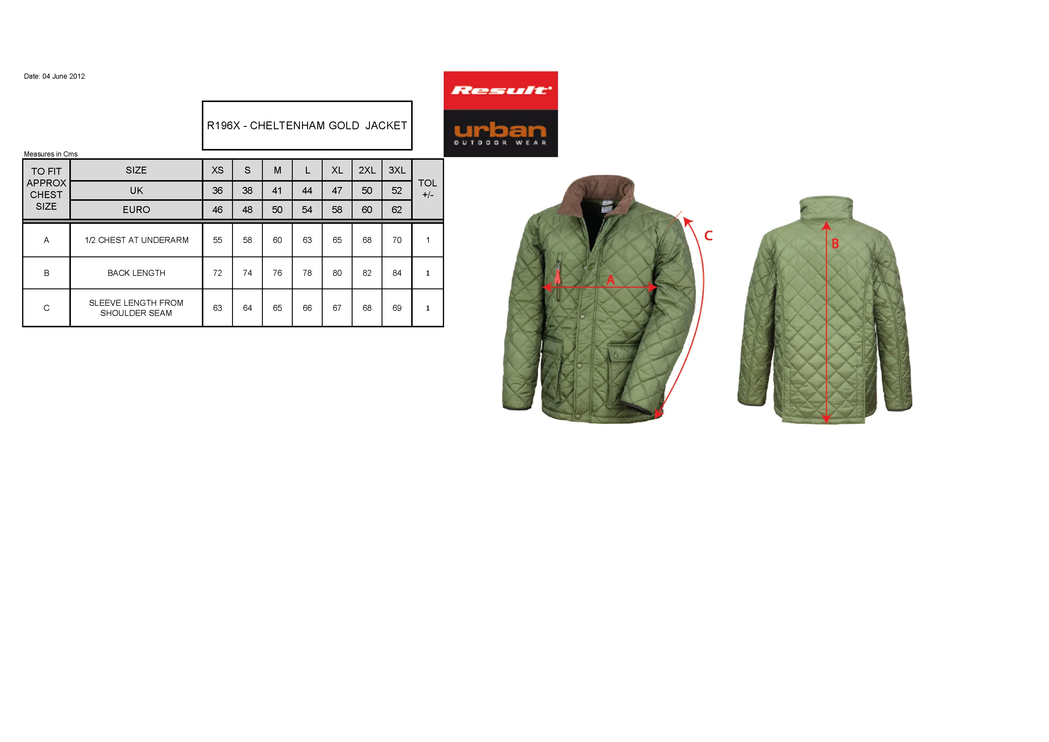 Größentabelle für Cheltenham Gold Jacket – RT196