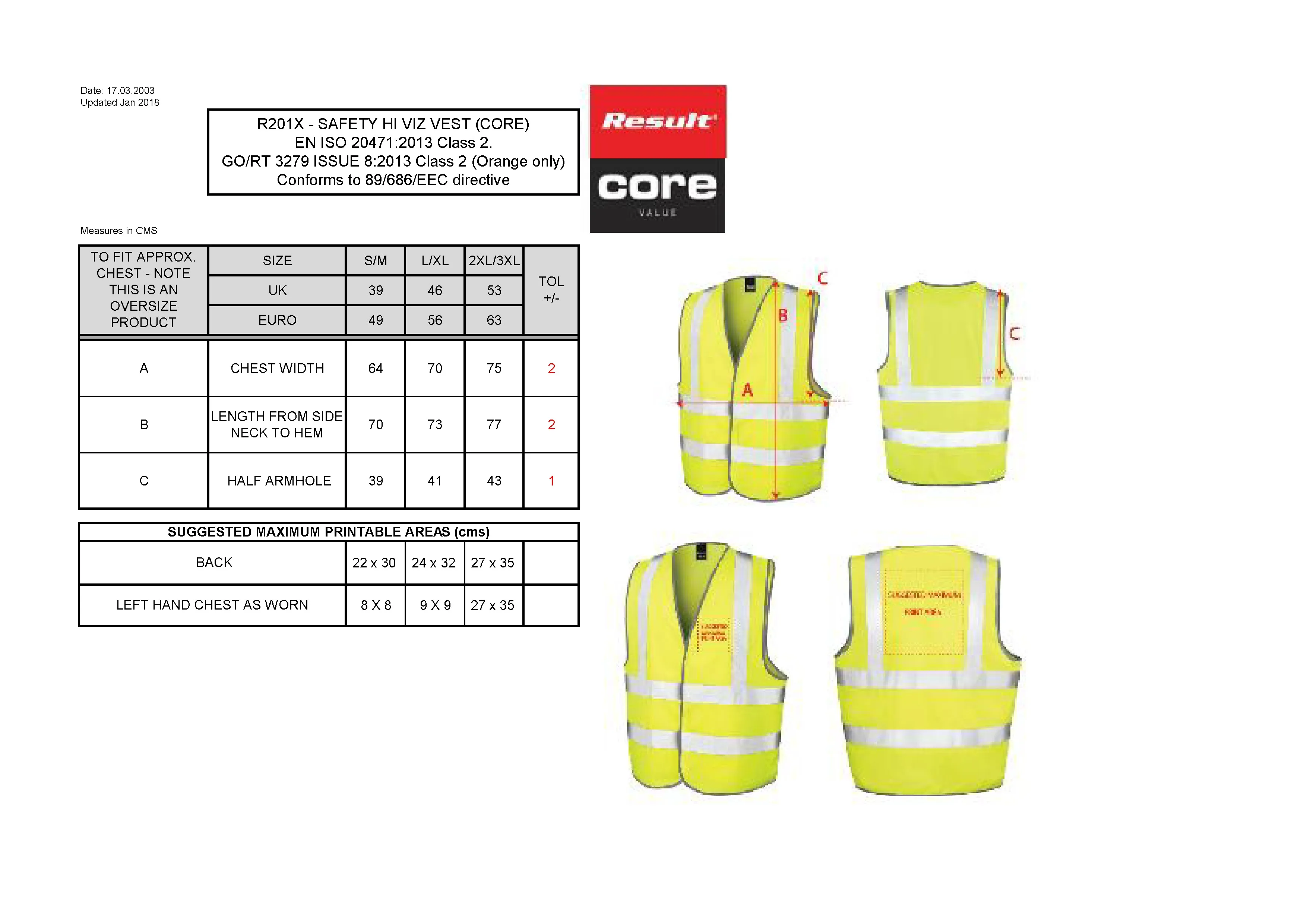 Größentabelle für High Vis Motorway Vest – RT201