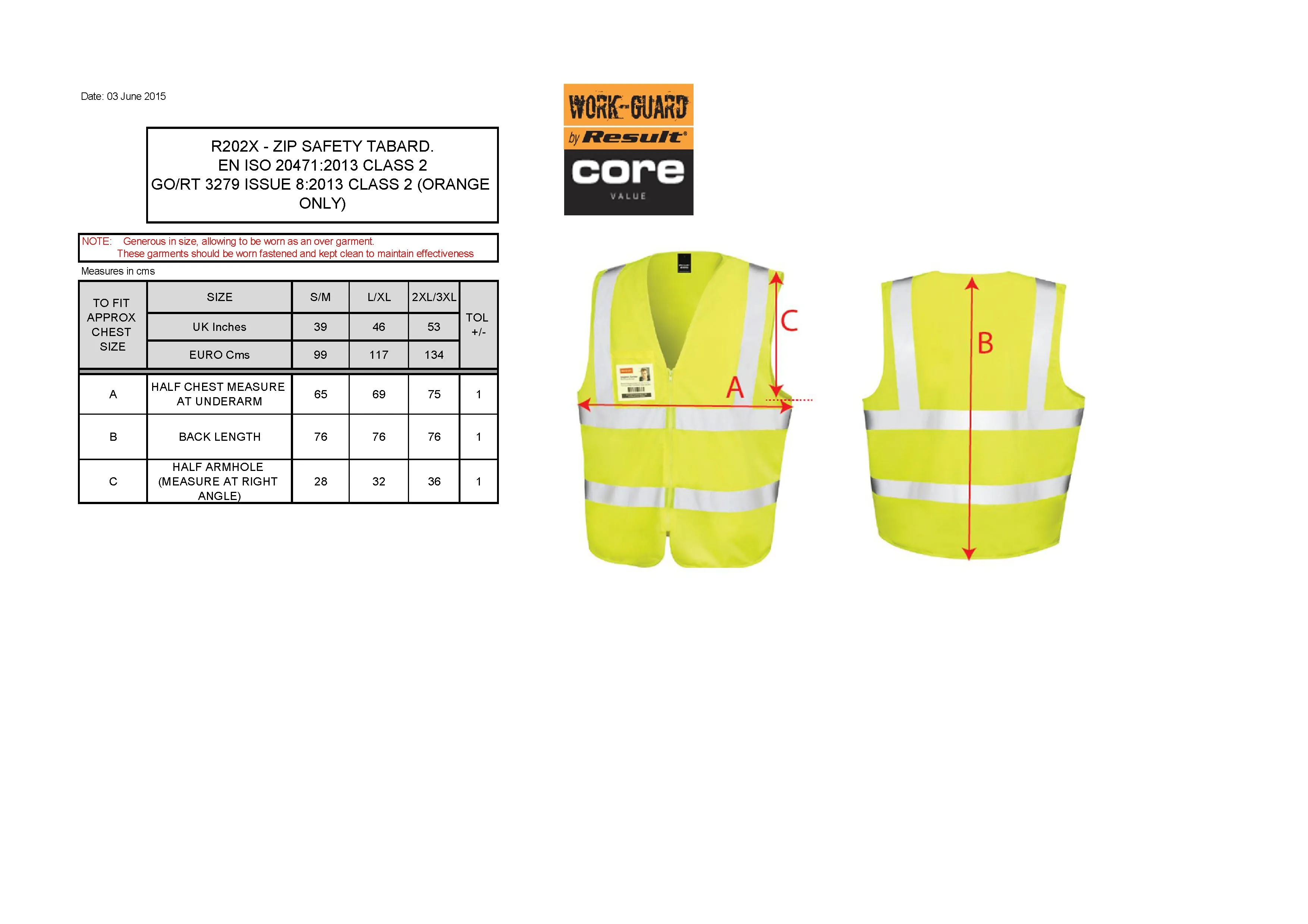 Größentabelle für Zip I.D. Safety Tabard – RT202