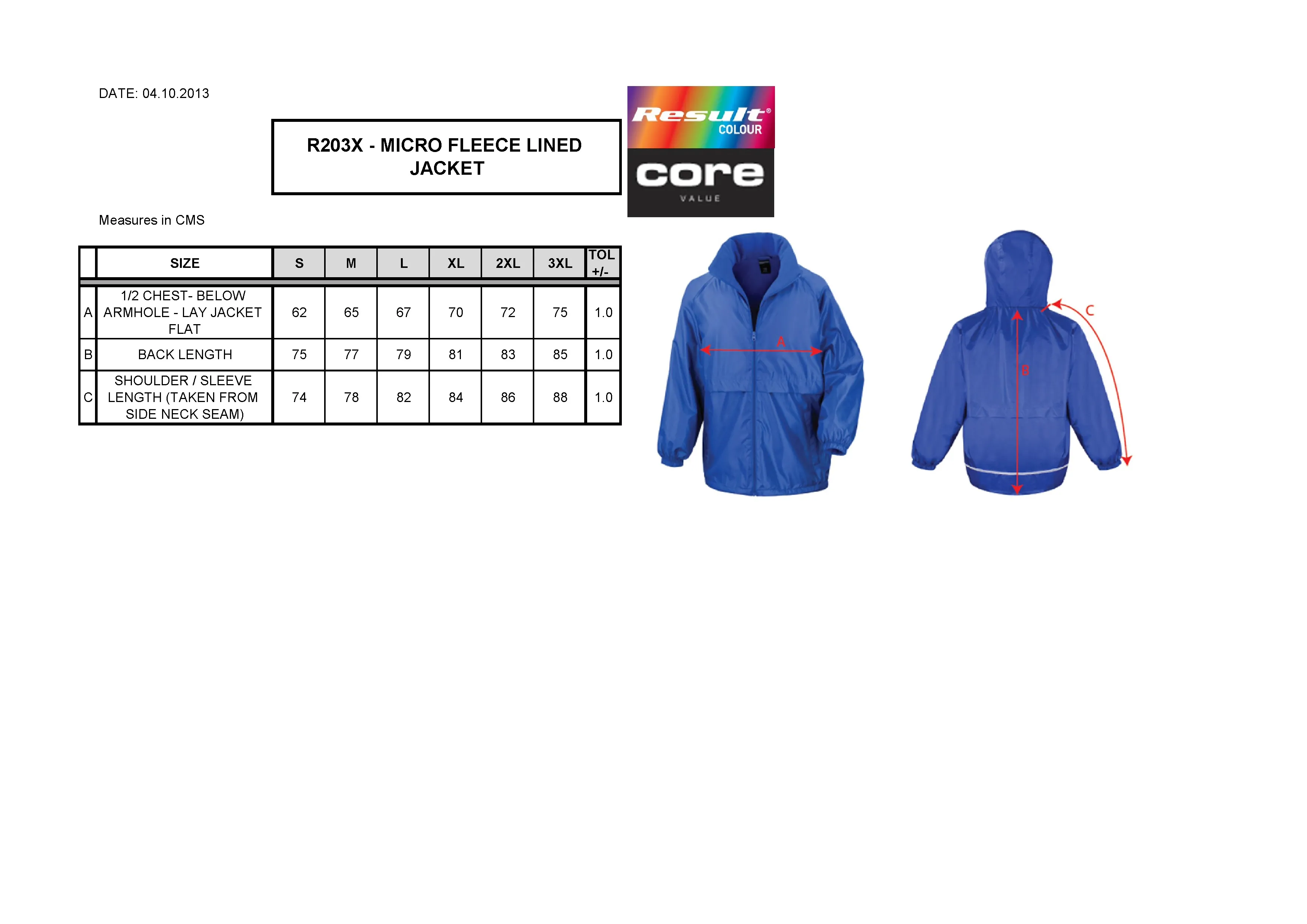Größentabelle für Microfleece Lined Jacket – RT203