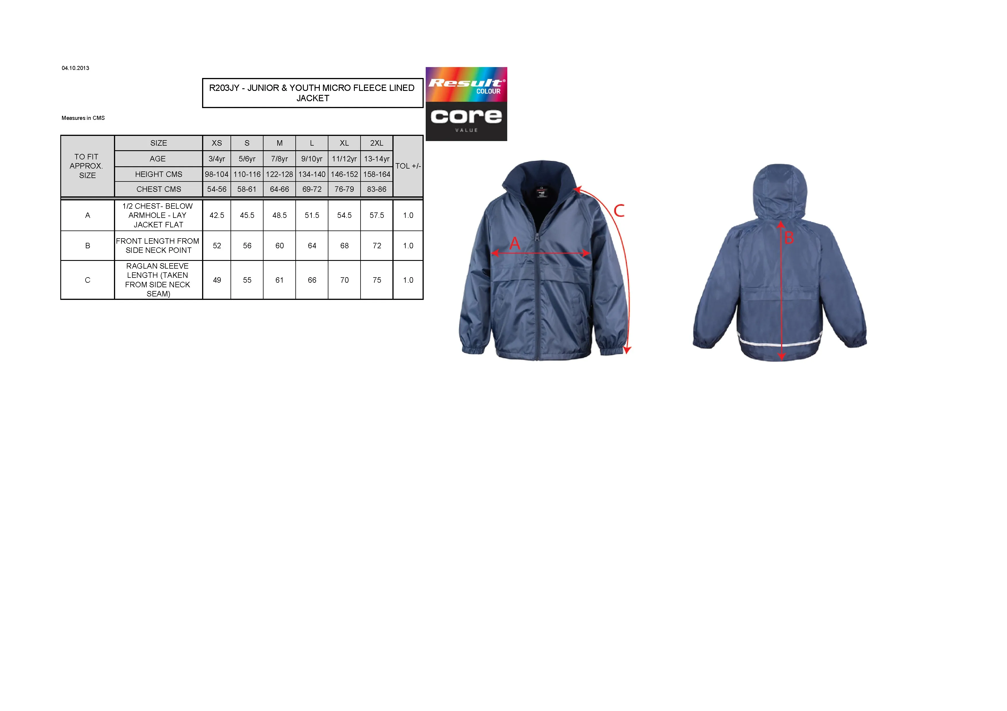 Größentabelle für Youth Microfleece Lined Jacket – RT203Y