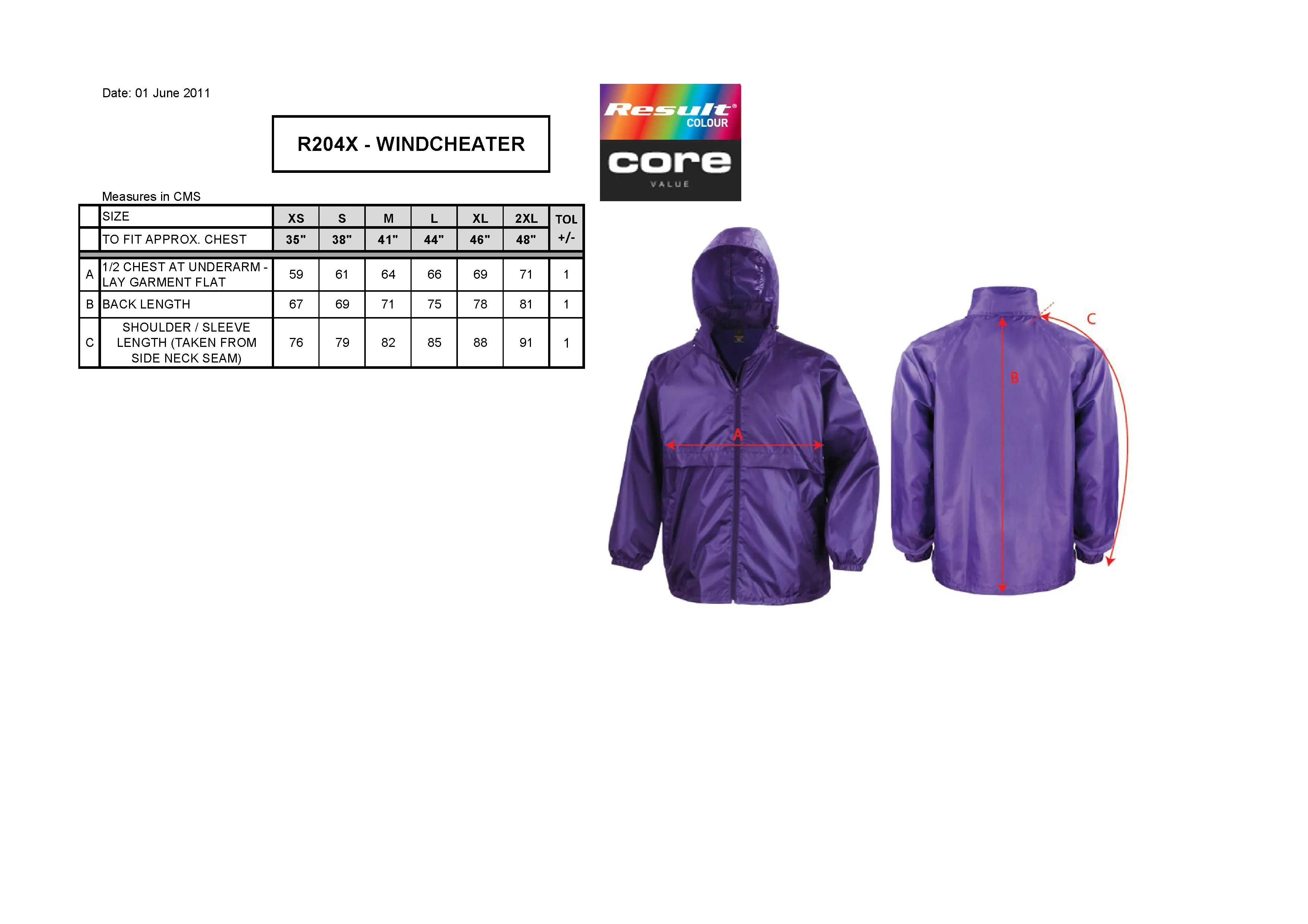 Größentabelle für Windcheater – RT204