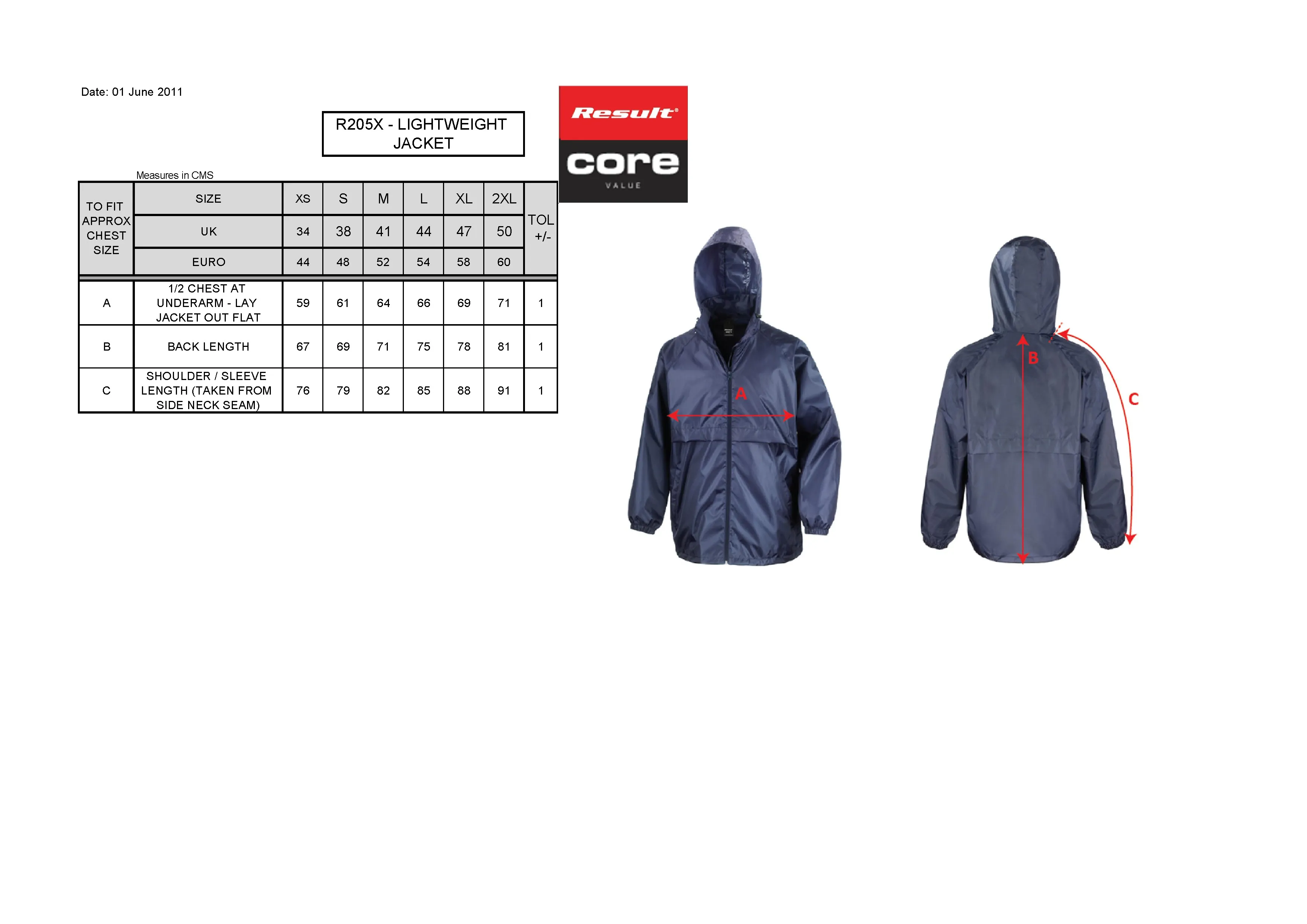 Größentabelle für Lightweight Jacket – RT205