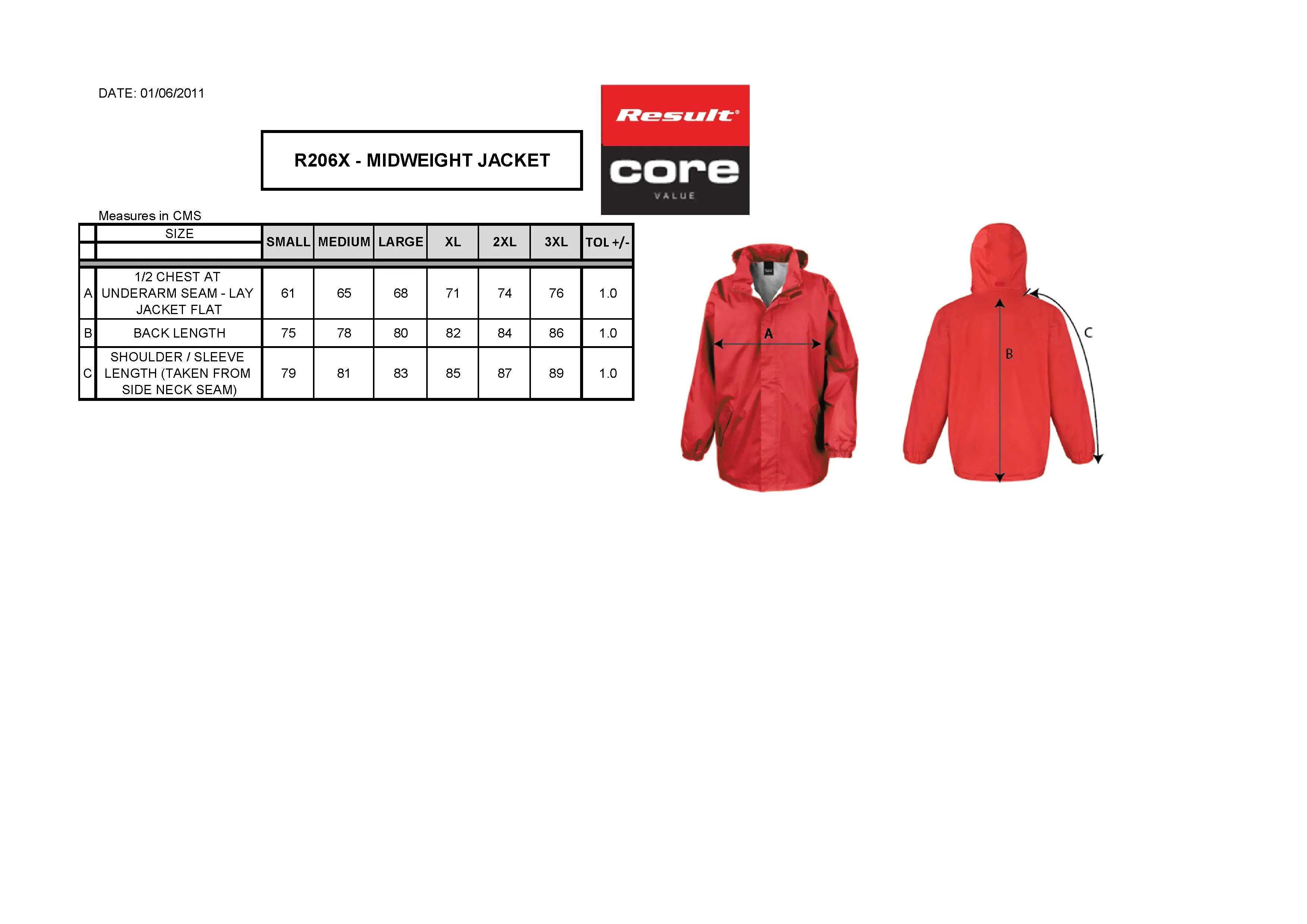 Größentabelle für Midweight Jacket – RT206