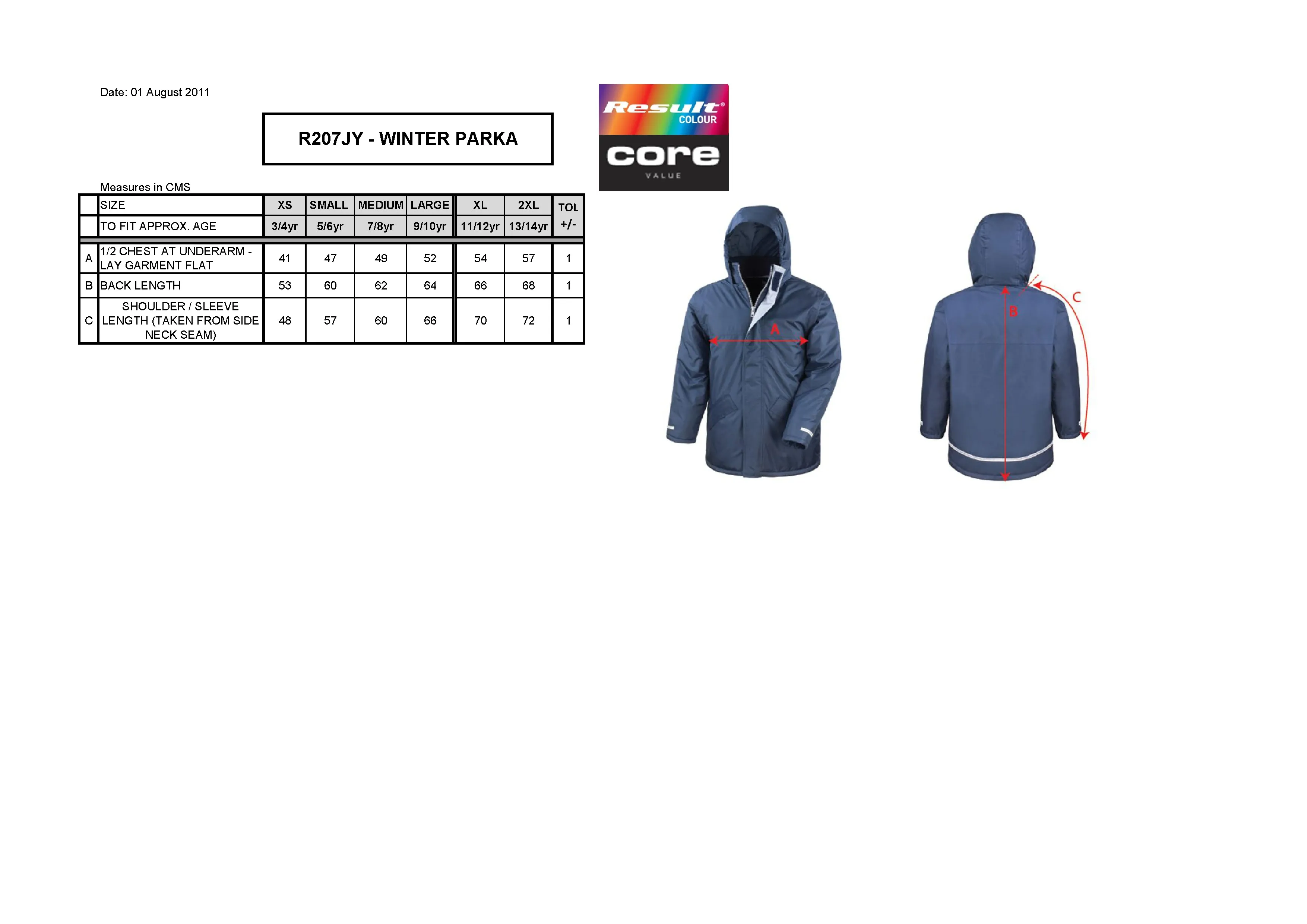 Größentabelle für Junior Winter Parka – RT207J