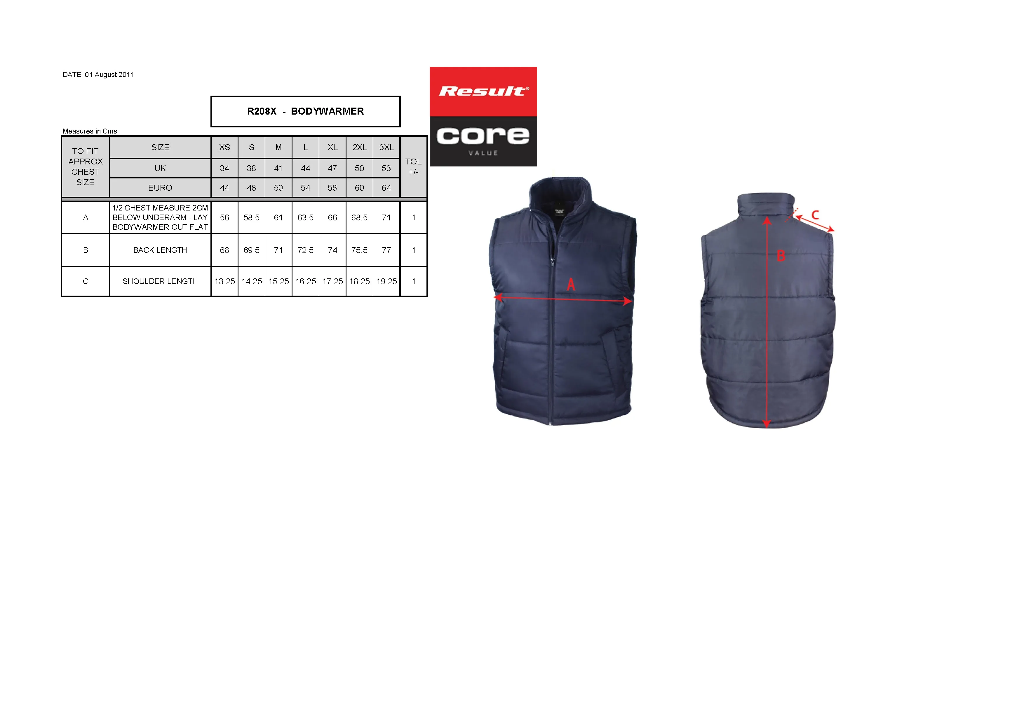 Größentabelle für Bodywarmer – RT208