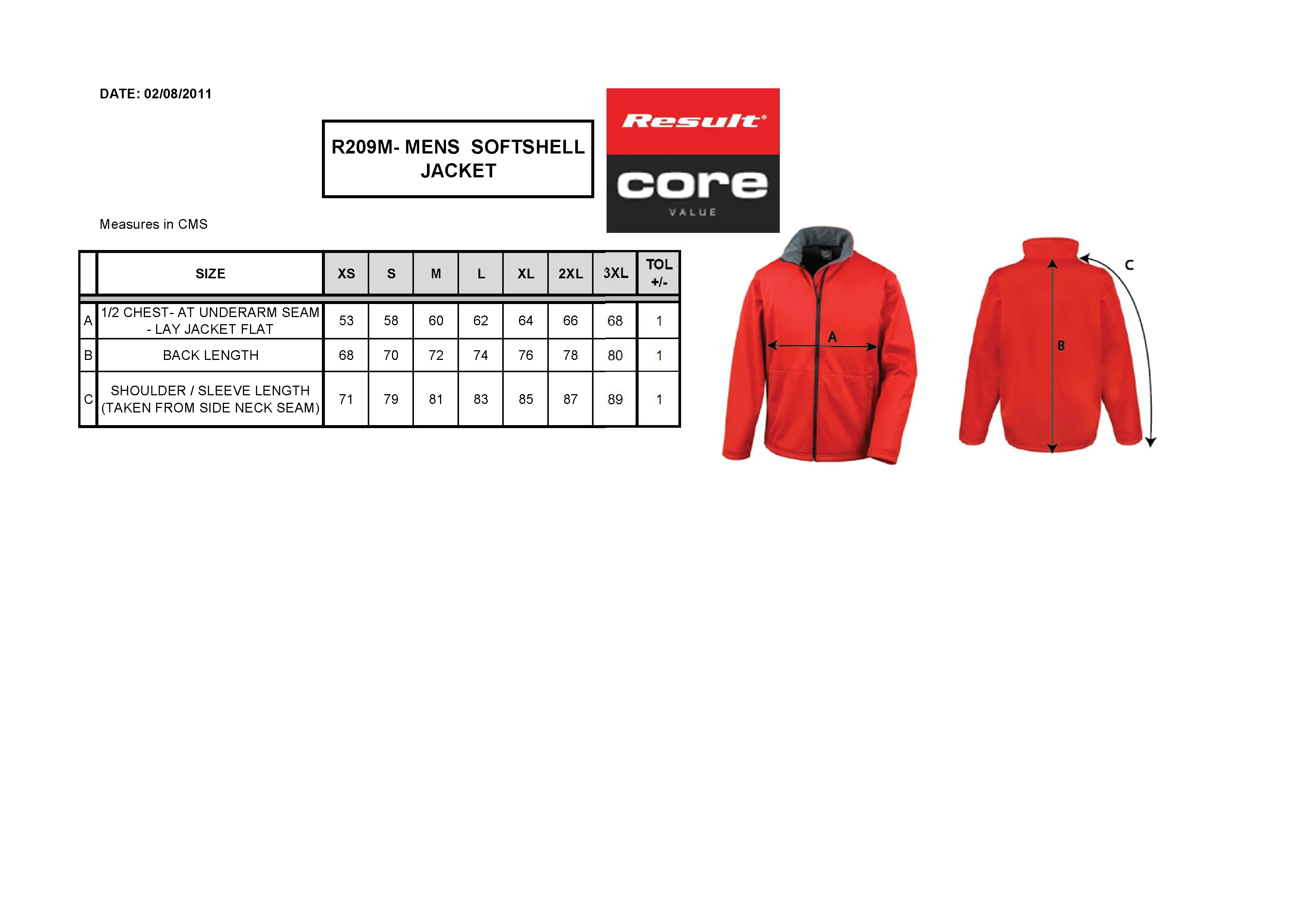 Größentabelle für Softshell Jacket – RT209