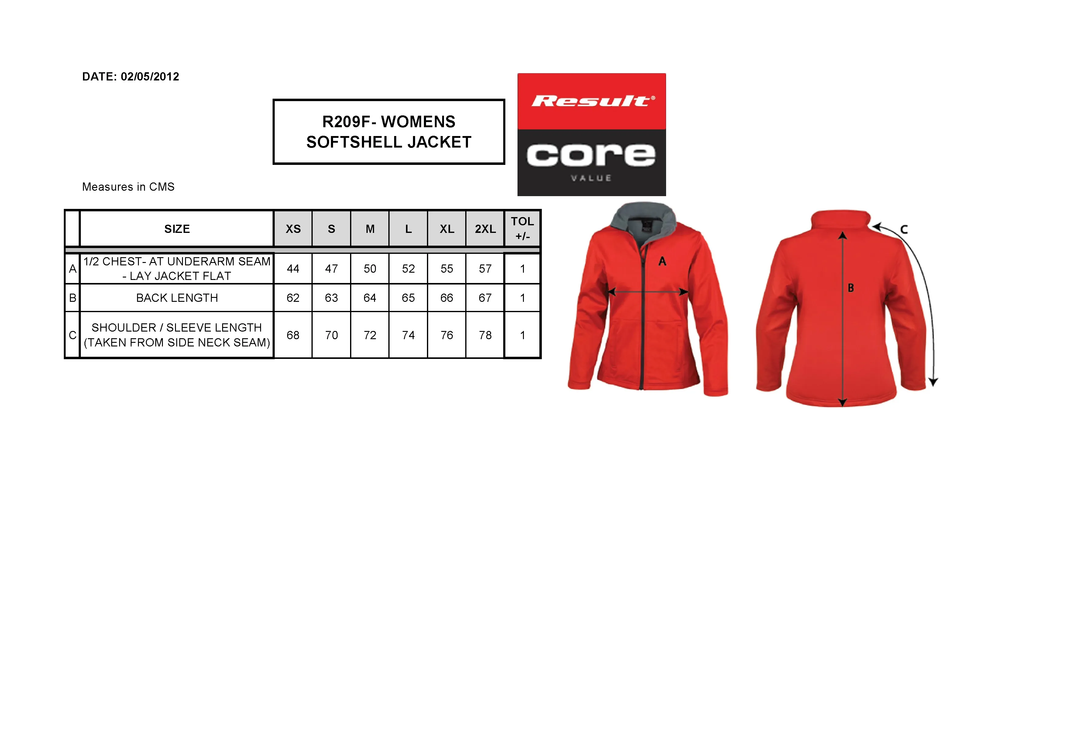 Größentabelle für Women´s Softshell Jacket – RT209F