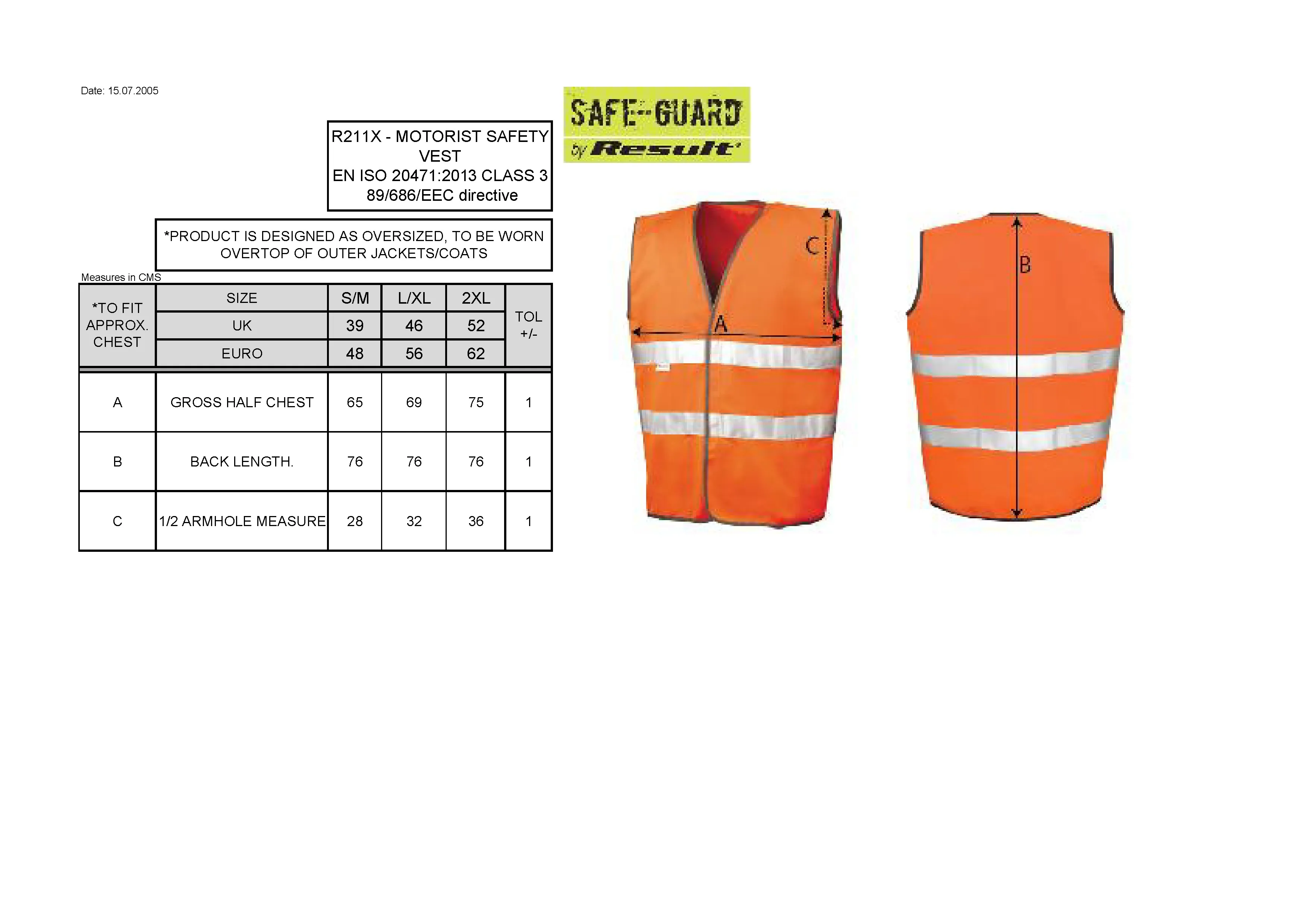 Größentabelle für Motorist Safety Vest Using 3M™ – RT211