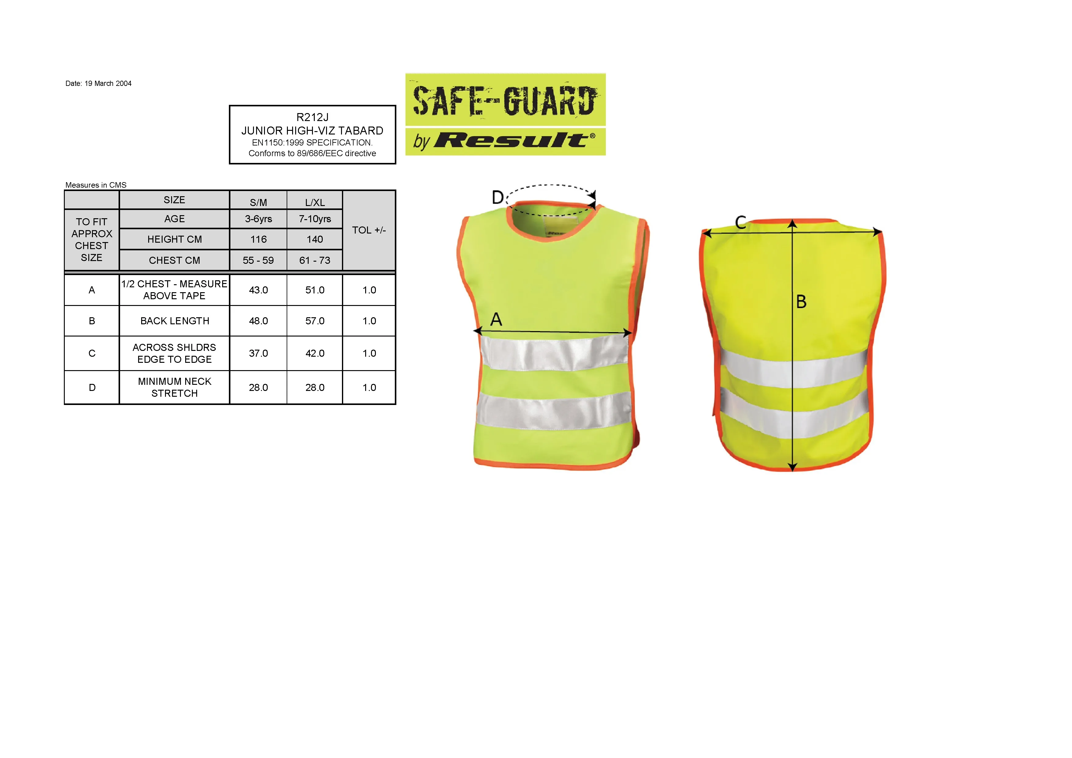 Größentabelle für Junior Safety Tabard – RT212J