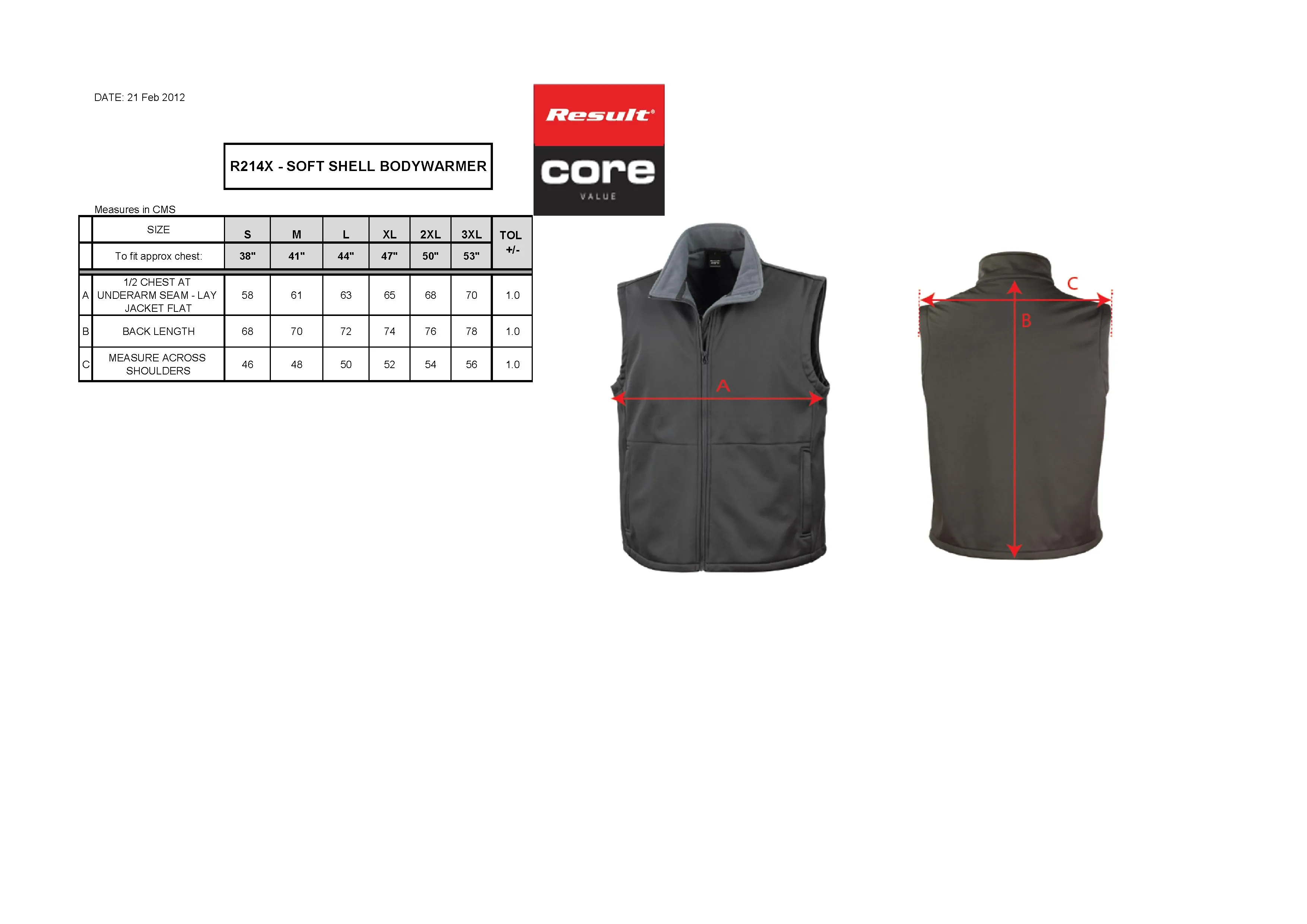 Größentabelle für Soft Shell Bodywarmer – RT214X