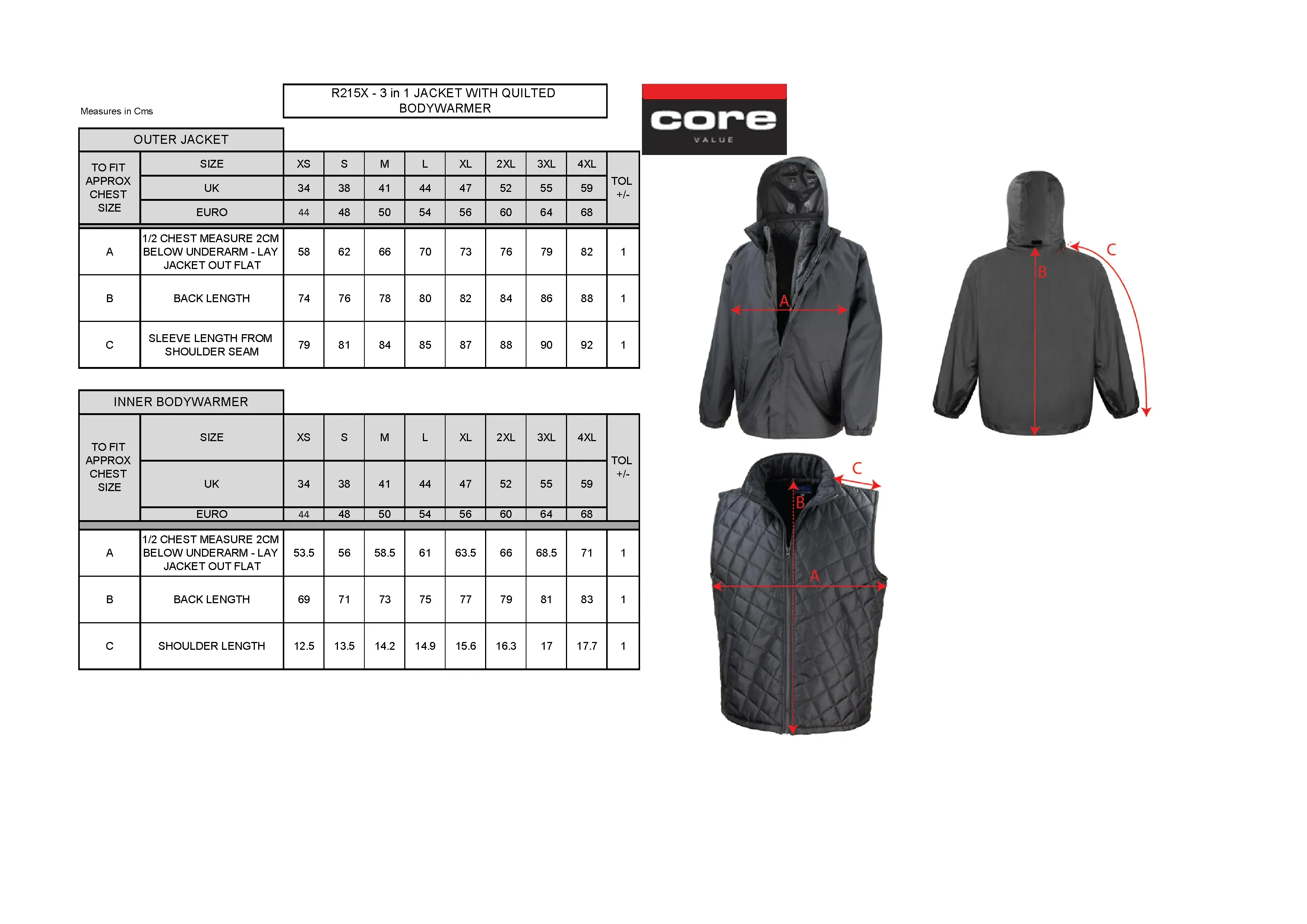 Größentabelle für 3-in-1 Jacket With Quilted Bodywarmer – RT215X