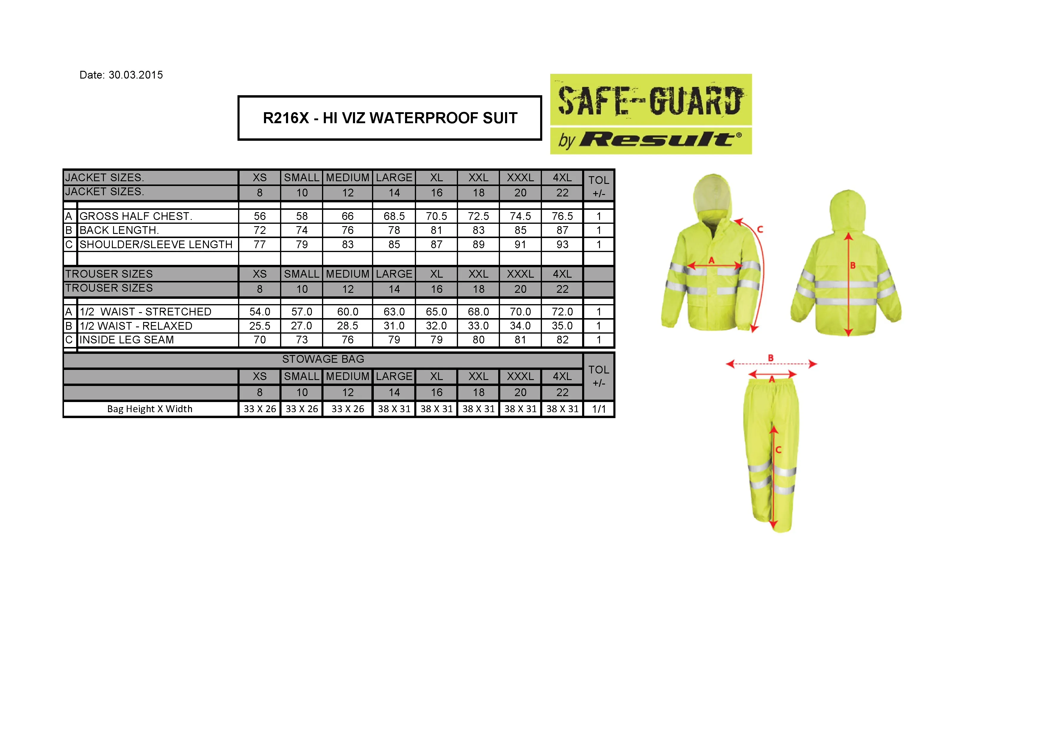 Größentabelle für High Vis Waterproof Suit – RT216