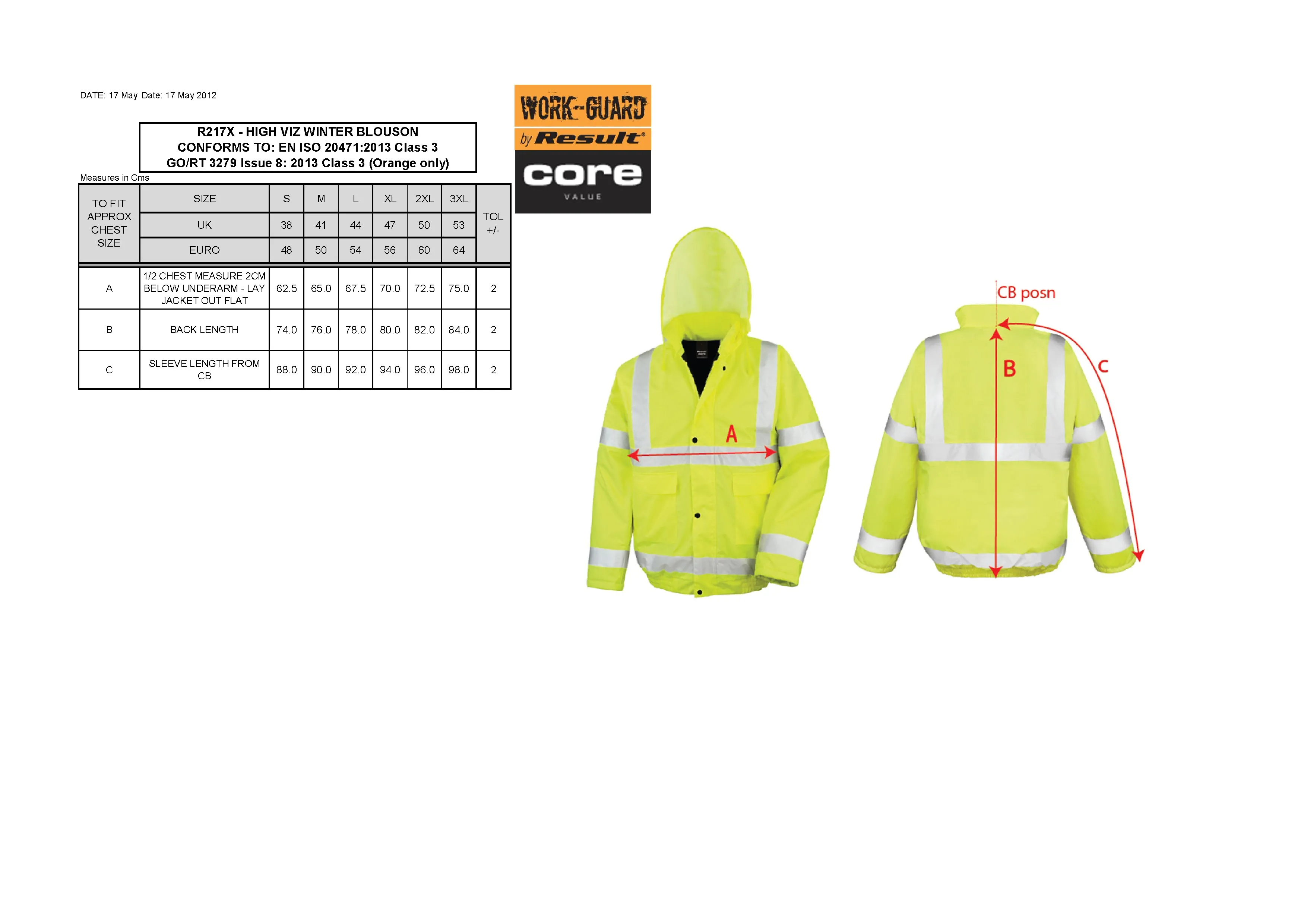 Größentabelle für High Vis Winter Blouson – RT217X